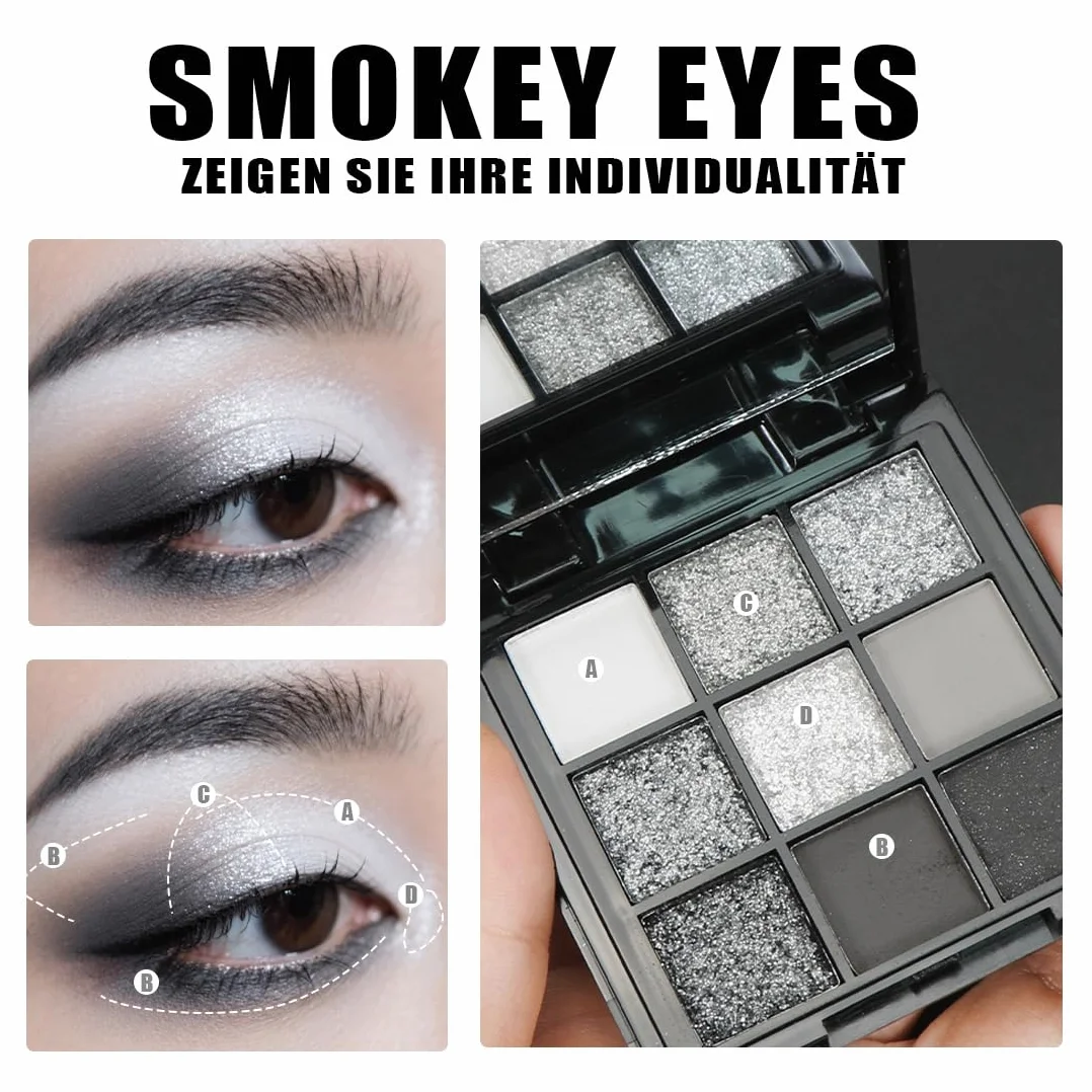 Palette di Ombretti Smokey, 9 Colori Halloween Trucco Ombretto Occhi Goth Nero Argento Grigio, Eyeshadow Scuri a Lunga Durata,Set di Trucchi per Ragazze, Kit Regalo per Spettacoli Teatrali Halloween