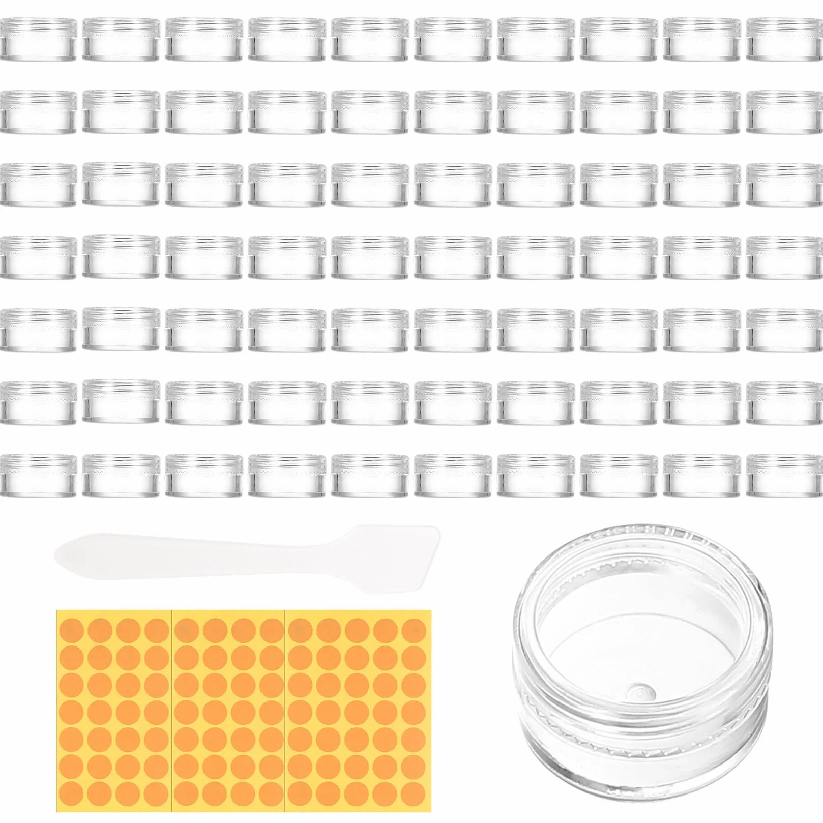 71 Pz Barattolini Plastica Piccoli con Tappo, 5ML Mini Barattoli per Campioni, Vasetti Piccoli per Cosmetici, Barattoli da Viaggio Campioncini Creme, Contenitori per Creme + Raschietto/Etichette