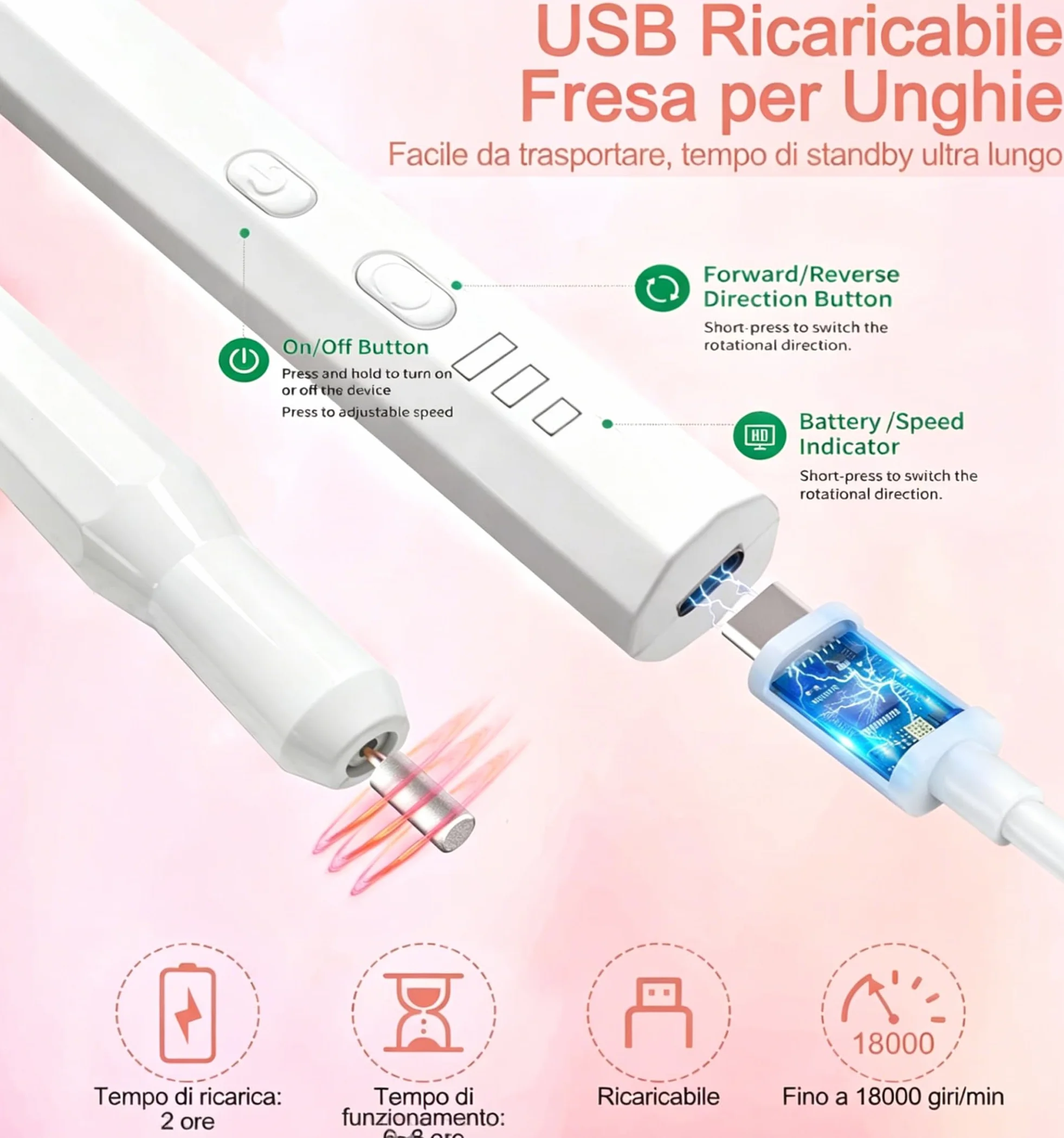 Fresa per Unghie Professionale Elettrico Manicure Pedicure Set Lima Trapano Chiodo Bianco
