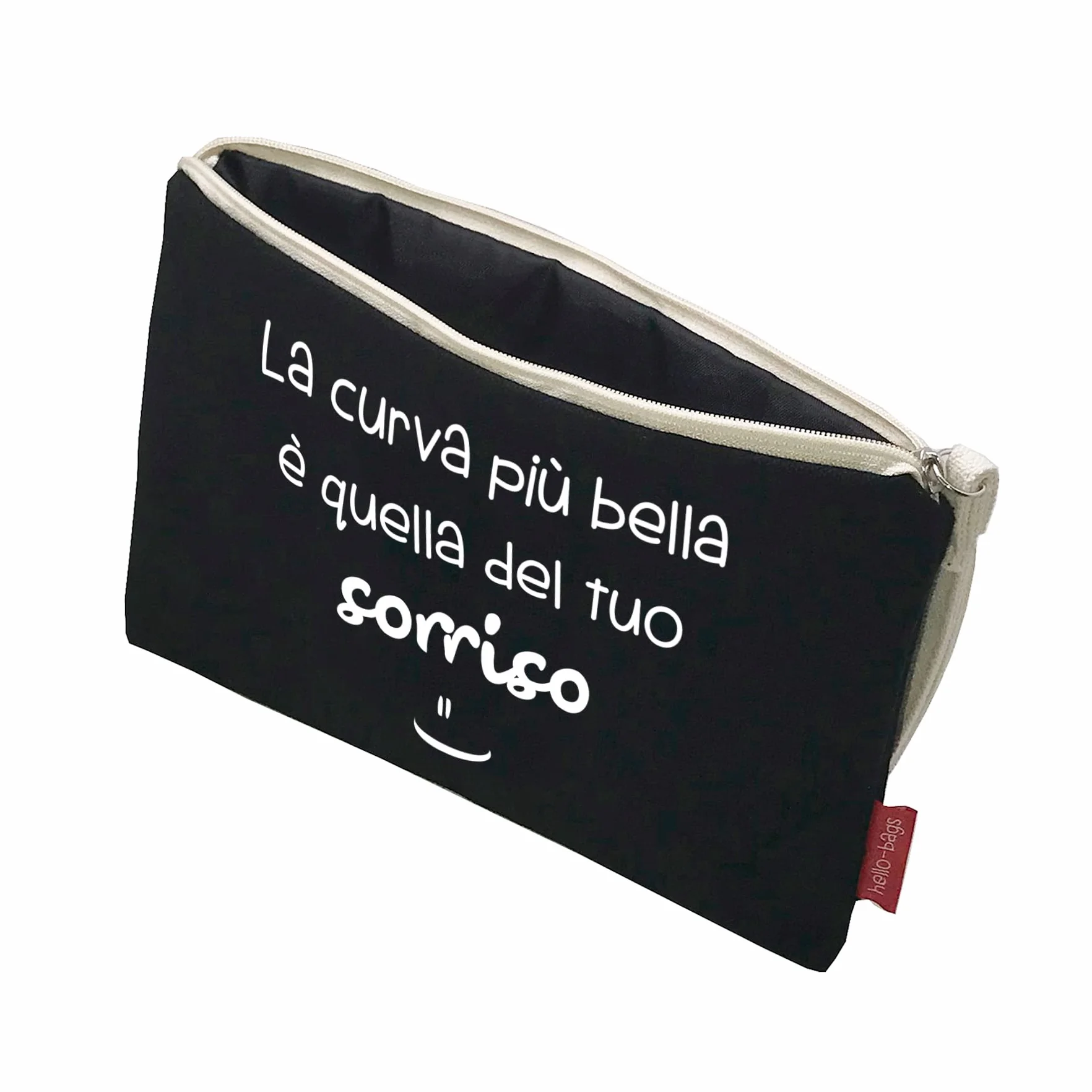 hello-bags Necessaire/pochette in tessuto con cerniera interna e fodera. Include una bella busta regalo kraft. Modello CURVABELLA. Colore: Ecru/Nero. Misure: 23 x 15,5 cm.