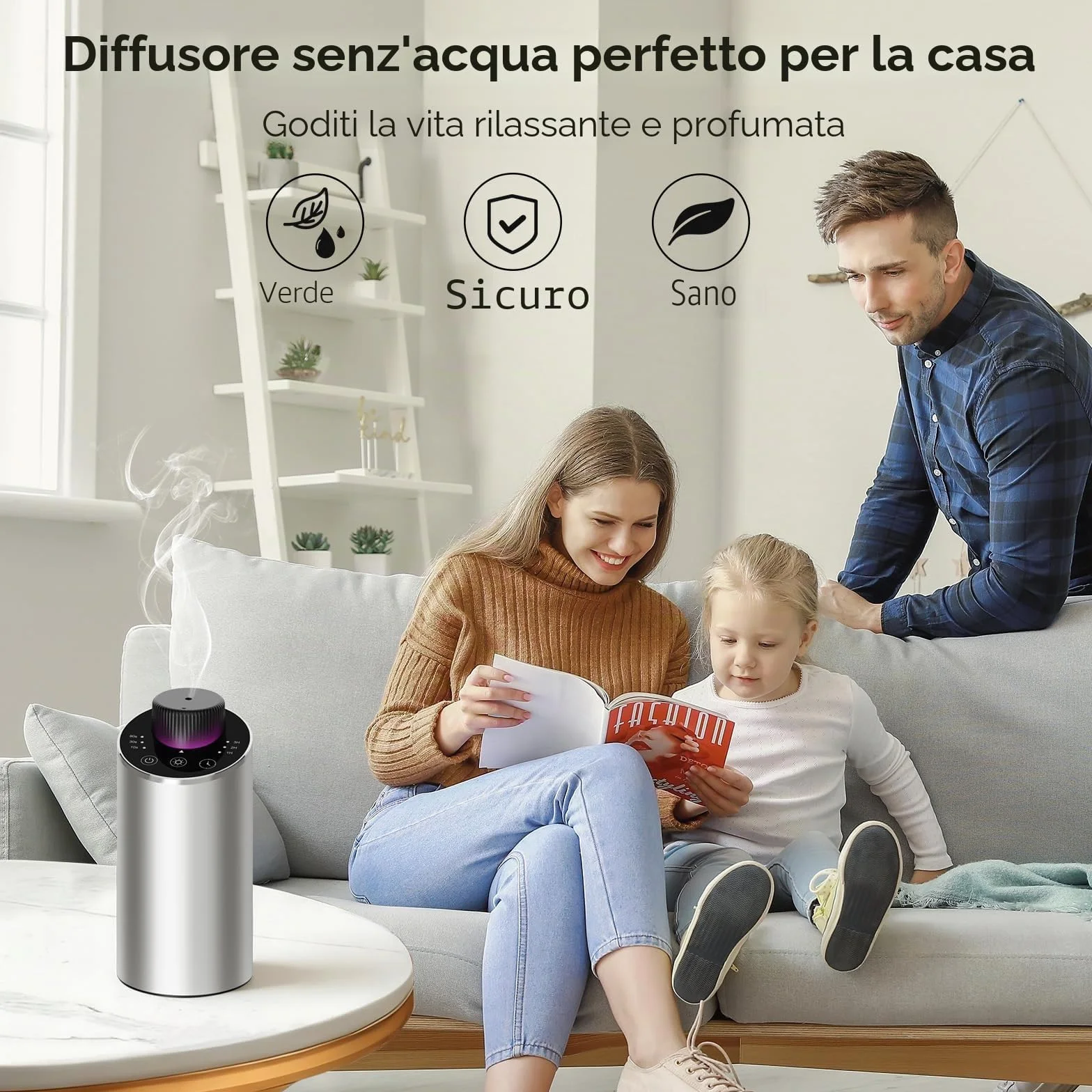 Diffusore oli essenziali per Auto Ufficio Casa Mini Aroma Batteria 4 Timer 3 Livelli Nebbia Argento