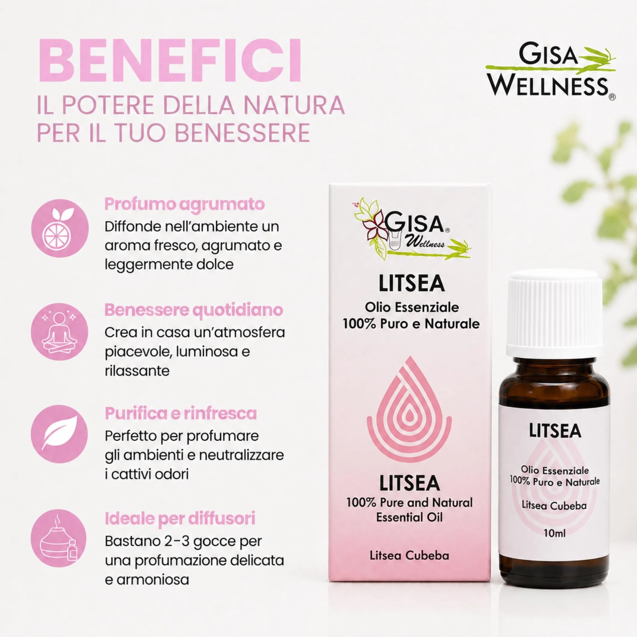 Olio Essenziale di Litsea Cubeba 10ml 100% Naturale Puro per Aromaterapia Diffusori Made in Italy