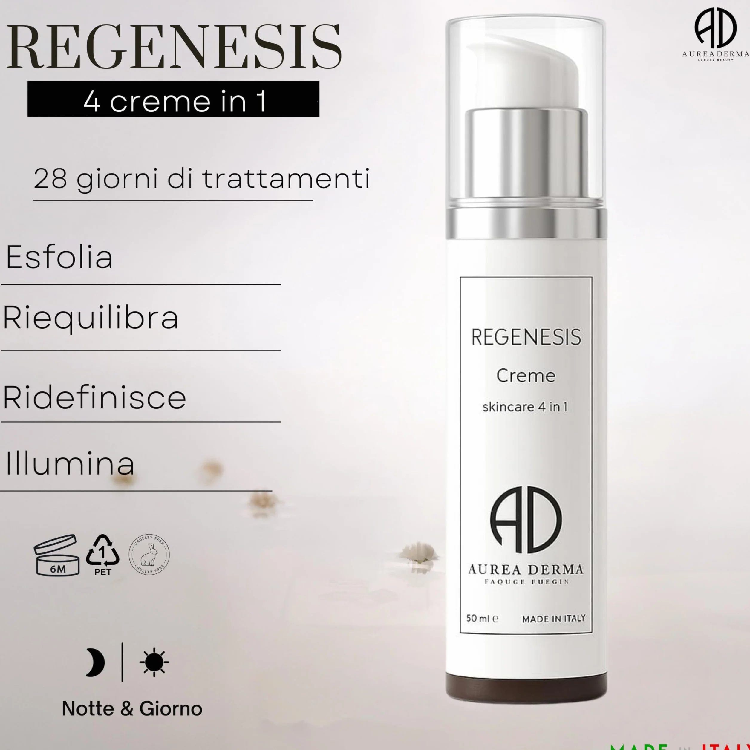 Crema viso antirughe 4 fasi in 1 con Collagene Vegetale, Alghe, AHA Naturali e Oxygen Complex – Trattamento Lifting e Illuminante – REGENESIS By AUREA DERMA – 50 ml