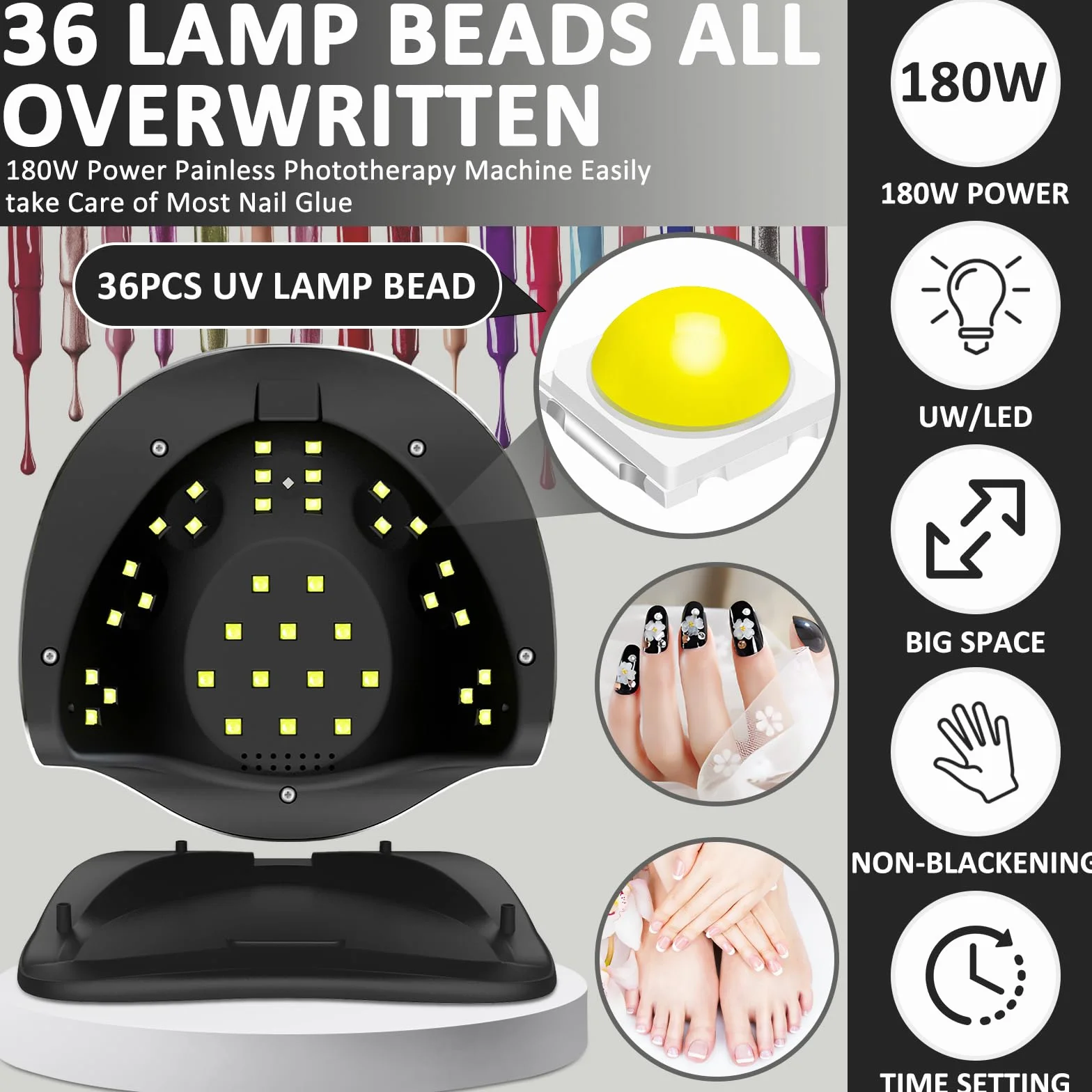 Lampada Unghie UV LED, 180W Fornetto Unghie Può Curare Rapidamente, con 4 Timer 10s/30s/60s/99s,Sensore Di Avvio Automatico, LCD Display Lampada per unghie per Gel Nail Polish Light, Nero