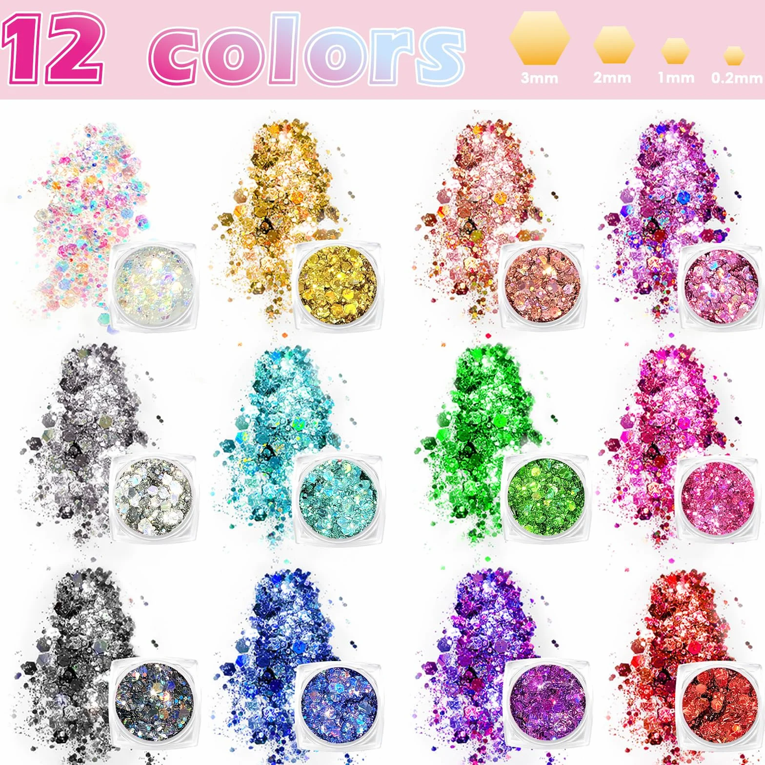 Glitter Viso Make up in Gel 12 colori Glitter per Corpo e Capelli Autoadesivo con Scintillii, Impermeabile 1 Fogli Adesivi con Strass per Trucco Professionale per Trucco Festival