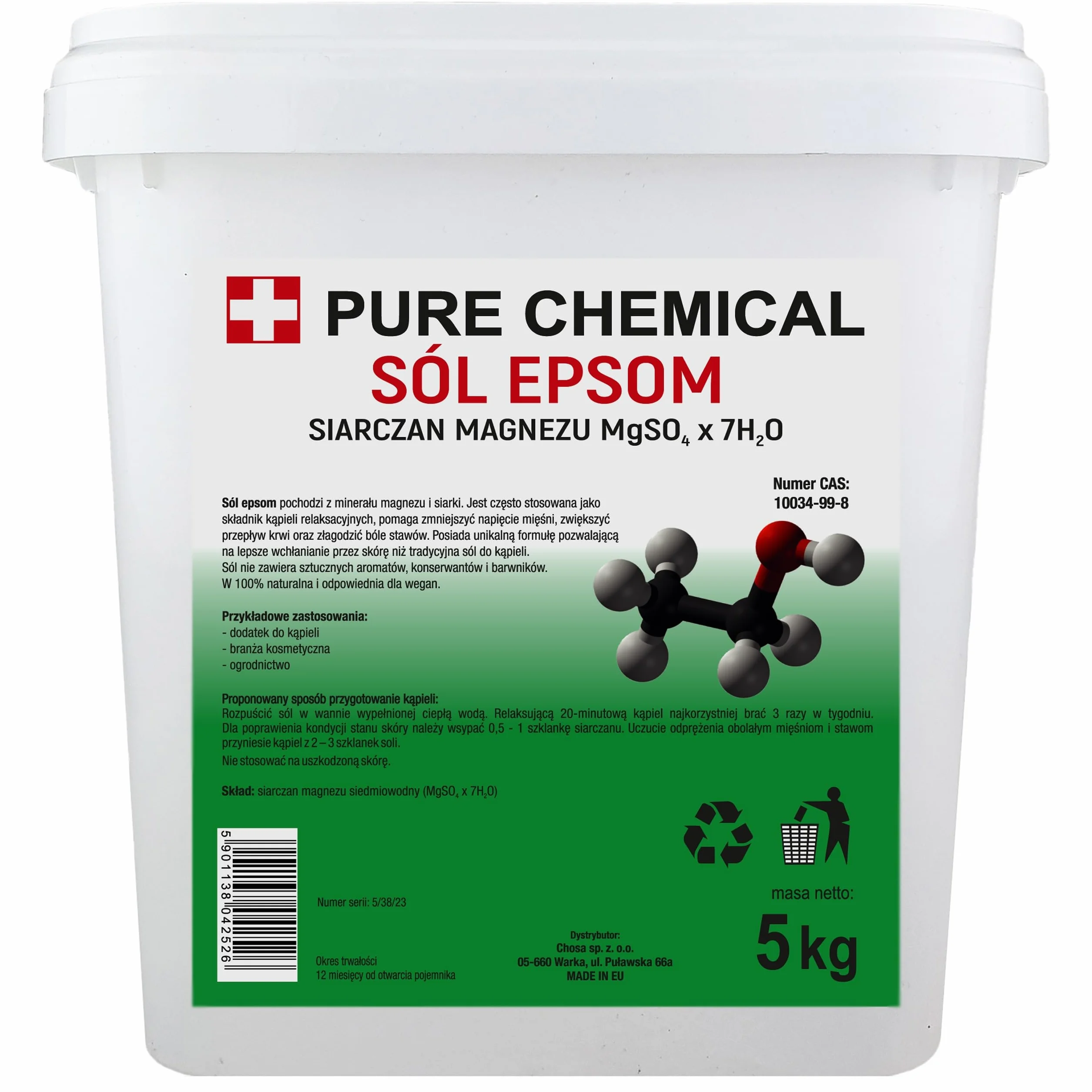 CHOSA Sale di Epsom 5kg - Solfato di Magnesio Naturale per Relax, Corpo e SPA - Cristalli Purissimi per Benessere - Sali per Bagni - Pelle Liscia - Rilassamento Muscolare
