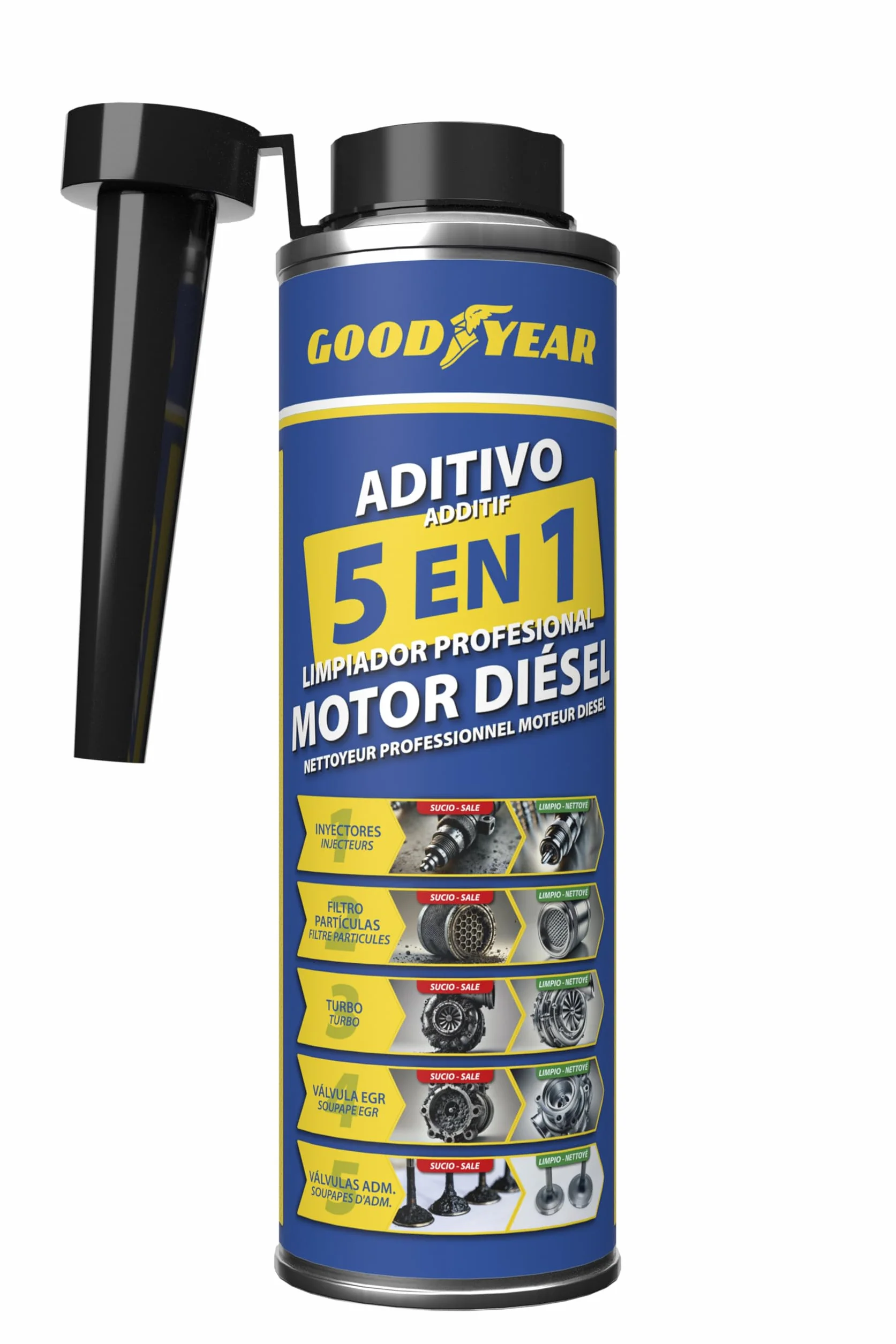 Goodyear Additivo detergente per Motori Diesel 5 in 1 300 ml | Detergente Completo per iniettori, Turbo, DPF, valvola EGR e aspirazione
