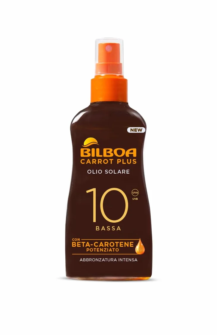 Bilboa Carrot Plus, Olio Solare Spray SPF 10, Olio Abbronzante Corpo, Formula con Betacarotene per una Abbronzatura Intensa e Duratura, Resistente all'Acqua, Dermatologicamente Testato, 200 ml