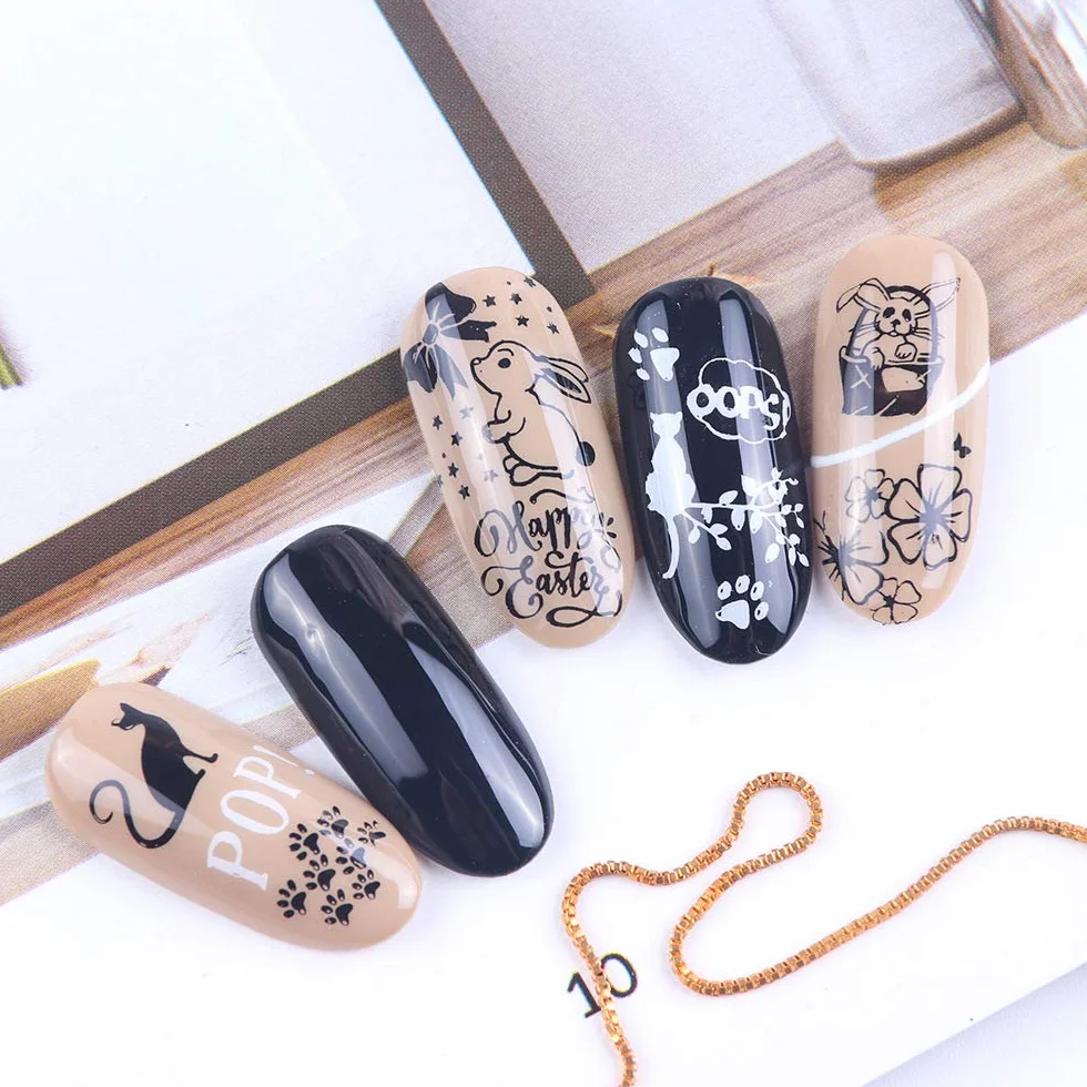 Set di 6 piastre per nail art, con 1 timbro trasparente, 1 raschietto (acchiappasogni, erba, motivi, foglie, coniglio, gatto)