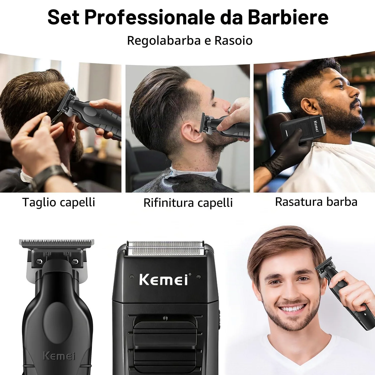 KEMEI Set di tagliacapelli professionali e rasoi a lamina, tagliacapelli senza fili per uomo, kit rasoio elettrico da barbiere, rasoio a T Blade Zero Gapped, ricaricabile tramite USB