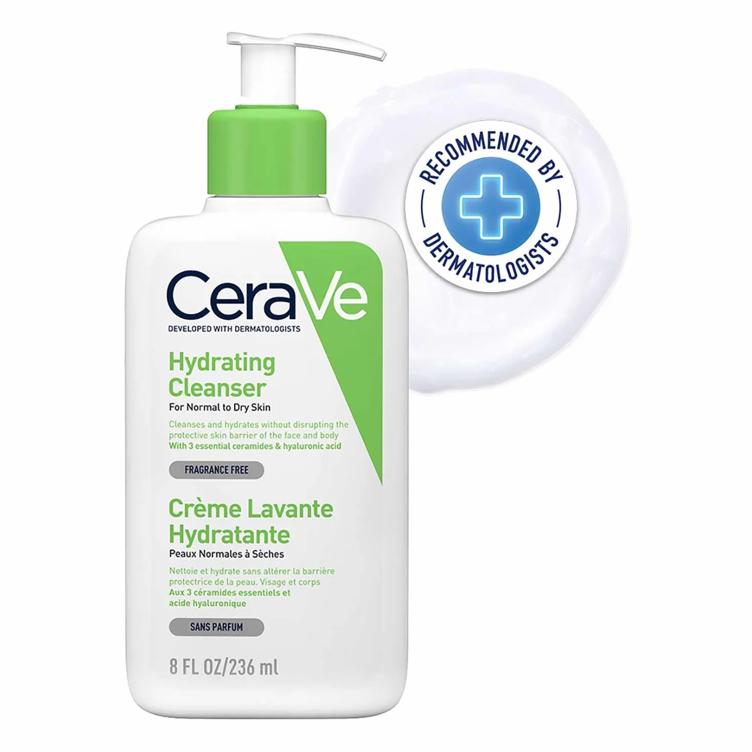CeraVe lozione detergente idratante per pelli da normali a secche, pulizia delicata per il corpo e il viso, con 3 ceramidi essenziali e ialurone 236 m