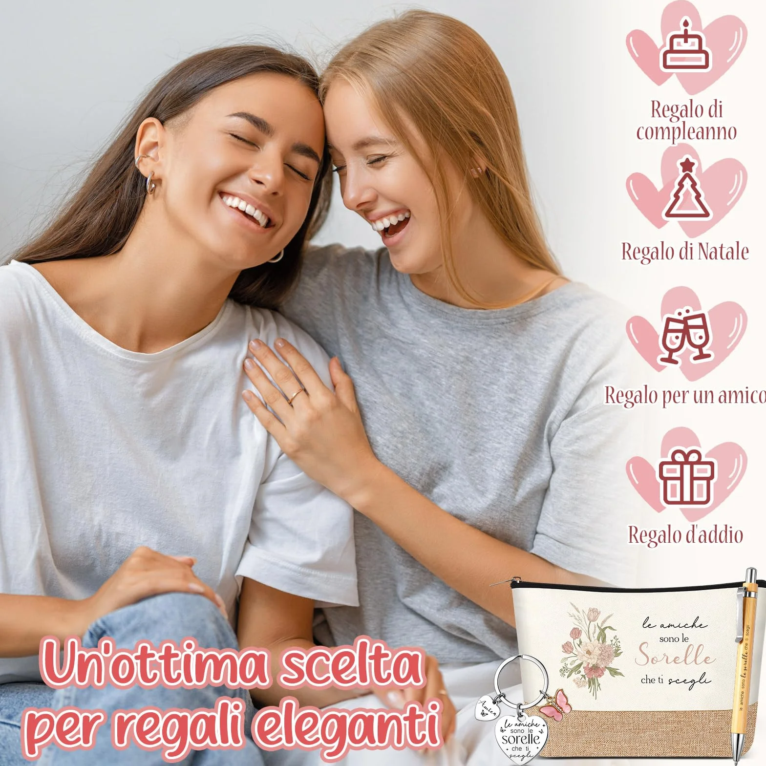 Jadive 3 Pezzi Set Regali da Fare alla Sorella Includere Pochette Cosmetica in Lino Patchwork Portachiavi Amicizia Penna a Sfera Legno per Donna Migliore Amica Compleanno Laurea Universitari Ufficio
