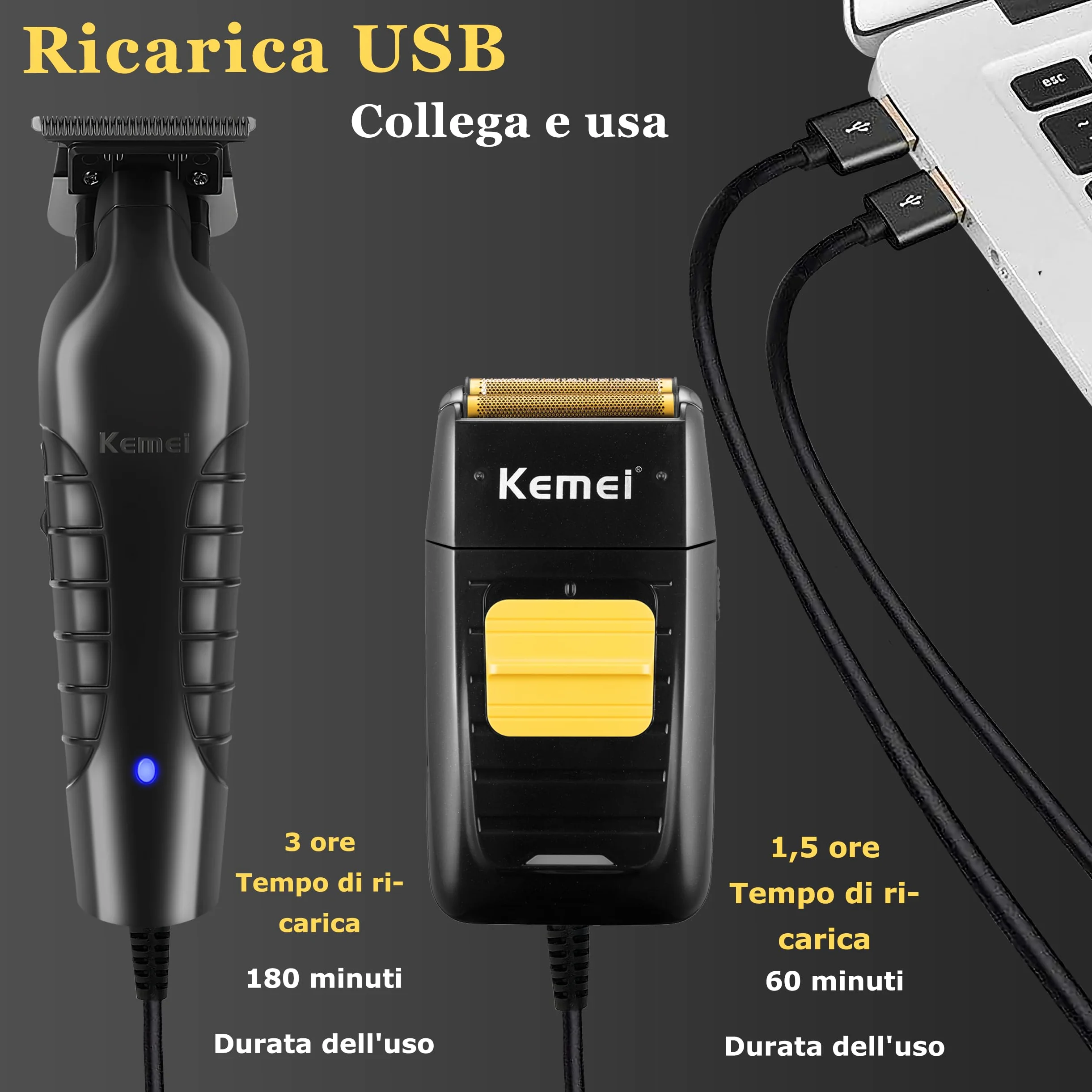 Kemei Rasoio elettrico da uomo - Rasoio per capelli professionale senza spazio - Rasoio a testa calva senza fili - 1102+2299