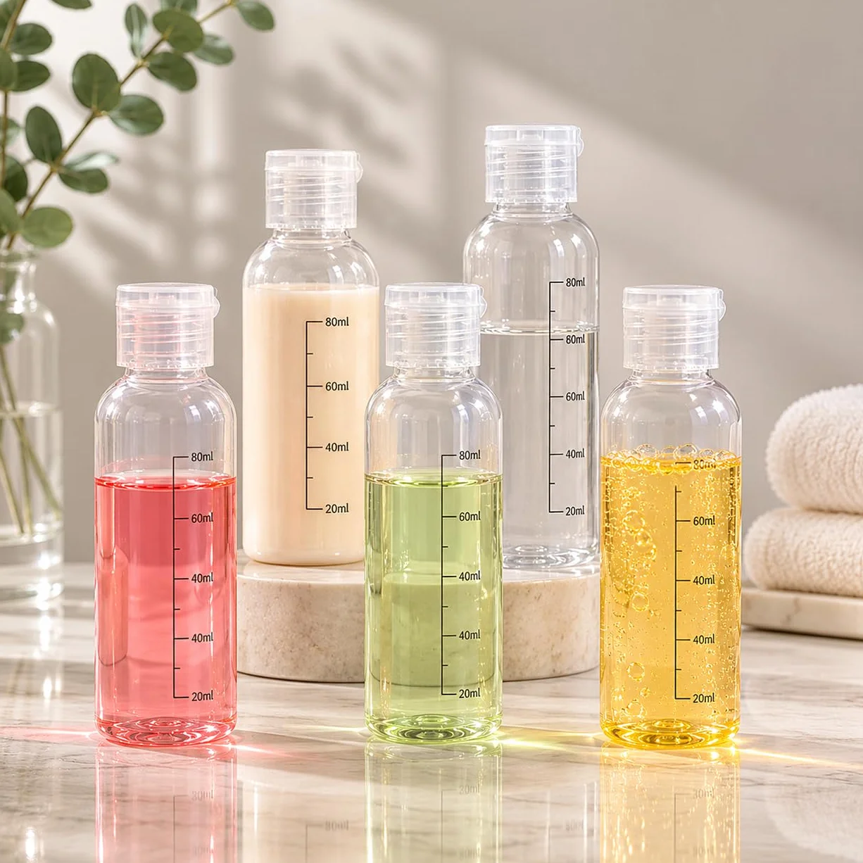 Bottiglie da viaggio 100ml,5 PCS flaconi da viaggio vuoti trasparenti per aereo,Kit Contenitori Viaggio Liquidi in plastica, flacone trasparente per shampo ，lozione， tonico viso, gel,Olio solare