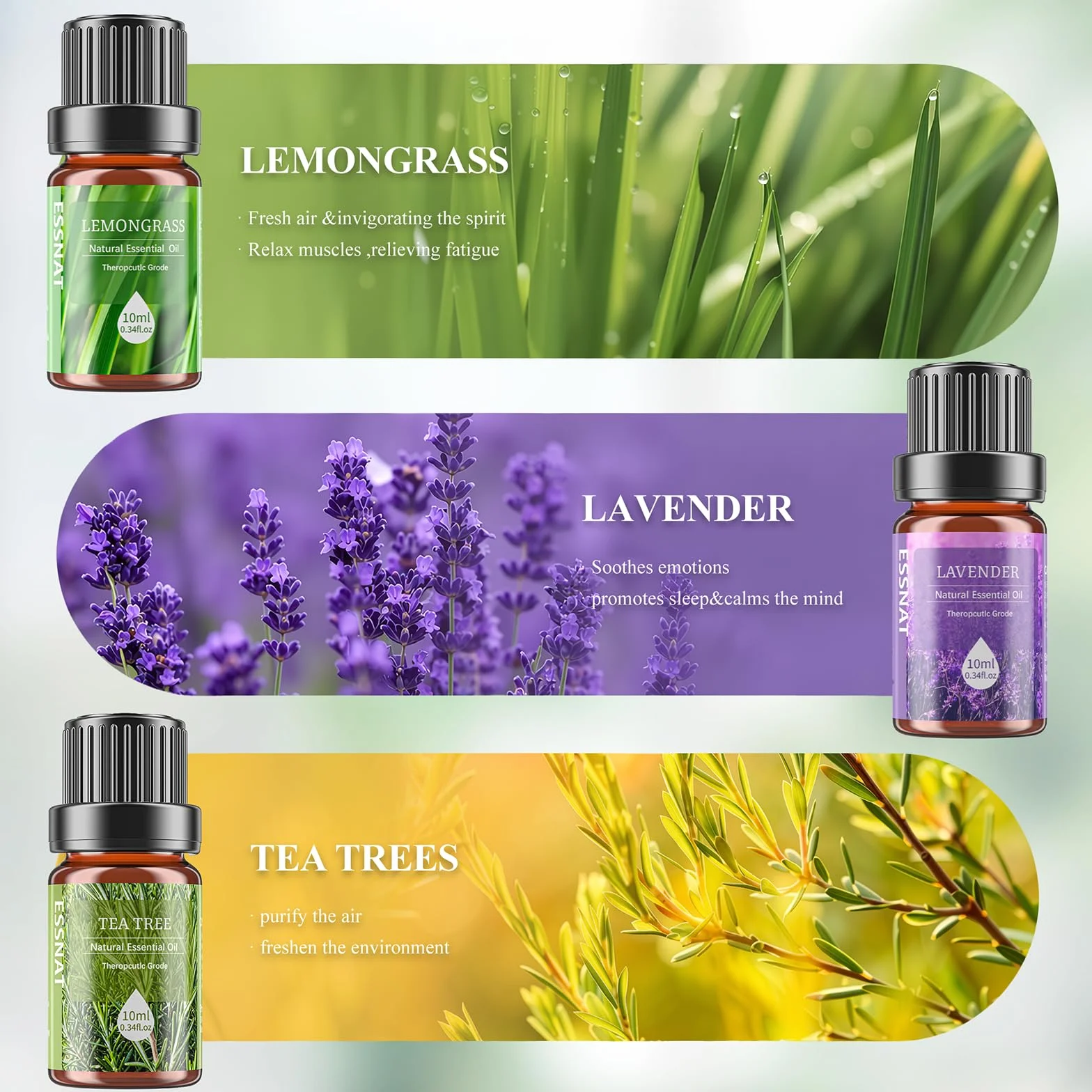 Oli Essenziali Set per Diffusore 6x10ML Aromaterapia Lavanda Menta Piperita Eucalipto Arancia Dolce Tea Tree Lemongrass