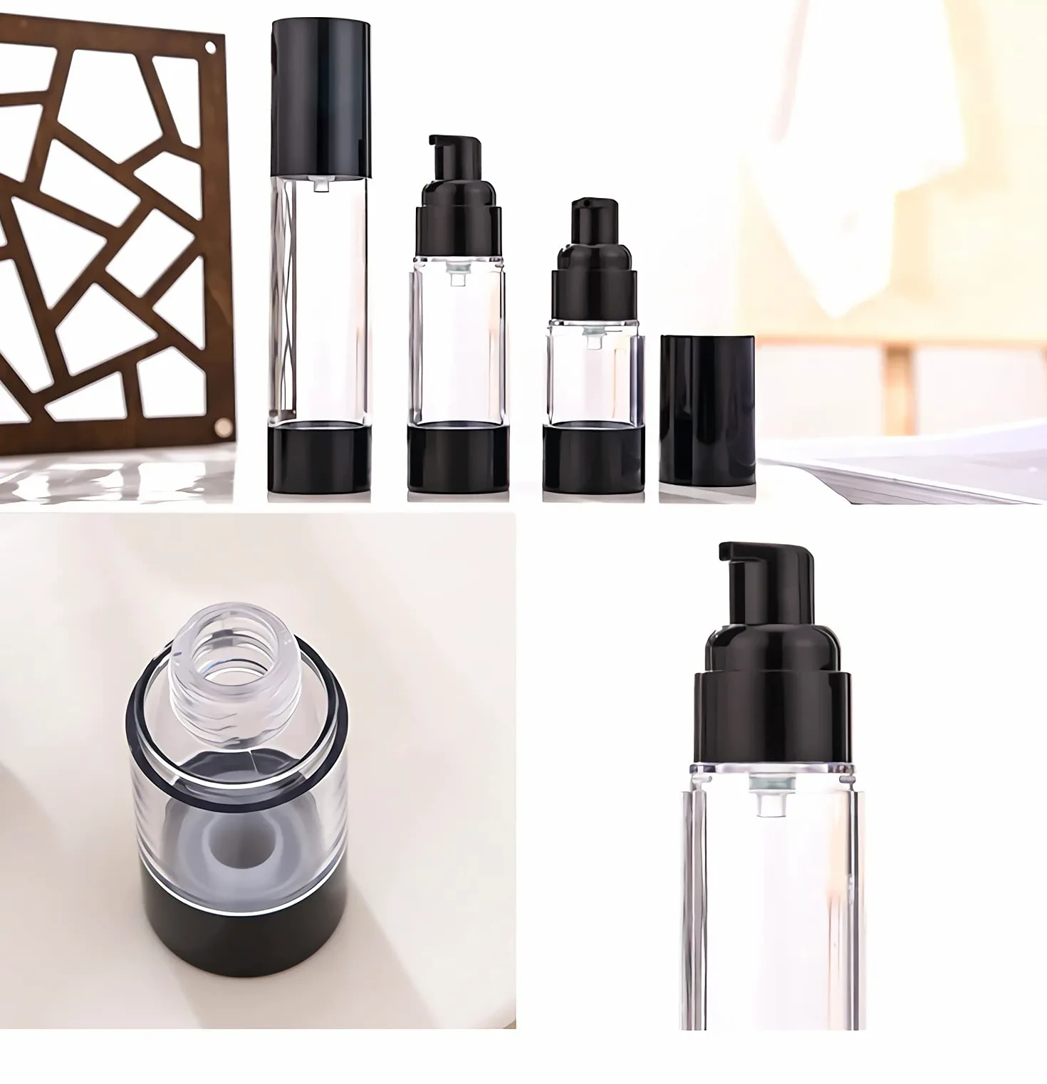 TIANZD 12 Pezzi 30 ml Plastica Bottiglie Airless Dosatori per Cosmetici, Nero Trasparente Bottiglie di Pompa Ricaricabile per Gel Dispenser, Flacone Contenitori per Liquidi Viaggio con Siringa