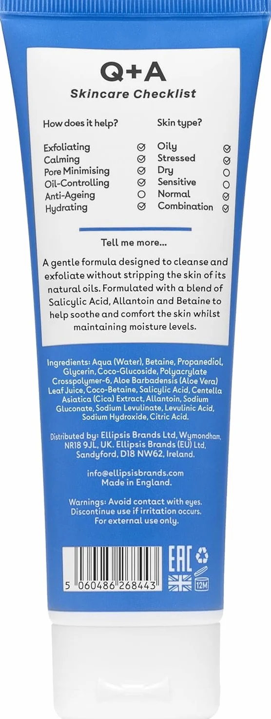 Q+A Detergente Giornaliero con Acido Salicilico – Detergente Esfoliante per Pelle Pura, Combatte Imperfezioni e Congestione dei Porie, Idratante, Vegan, Made in UK, 125ml