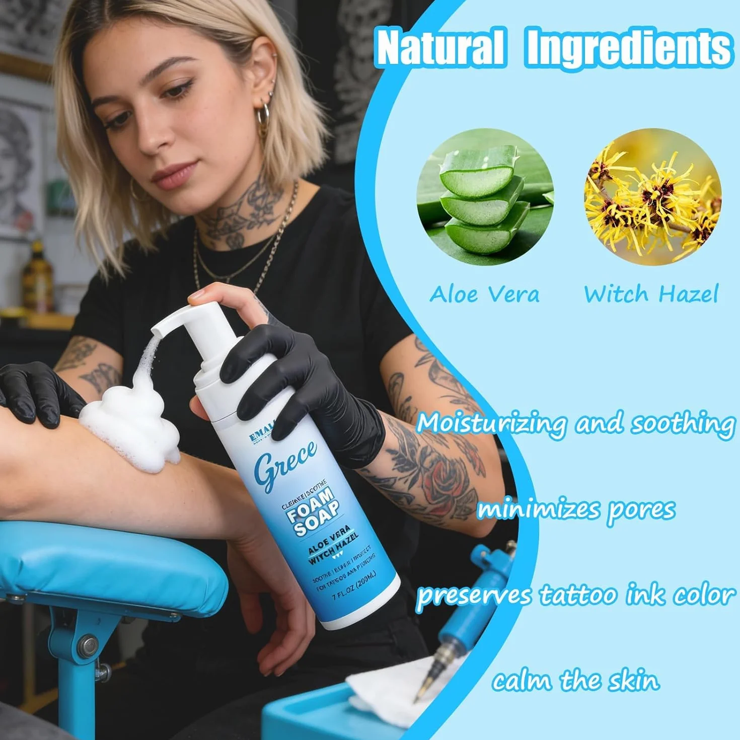 Schiuma detergente per tatuaggi, 200 ml, schiuma detergente delicata per nuovi tatuaggi, lenitivo e idratante, per la cura del tatuaggio, fresca