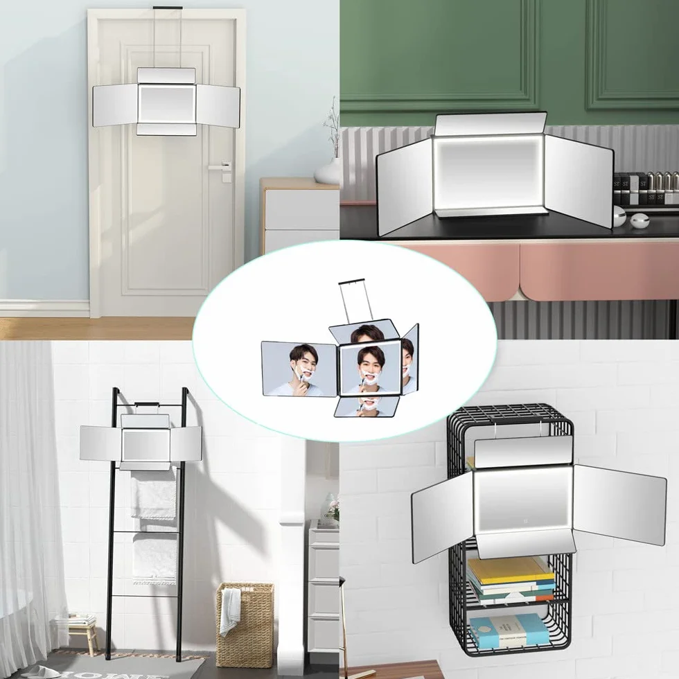 Specchio a 5 Vie per Taglio di Capelli con Luci LED 360° e Ganci Telescopici Regolabili