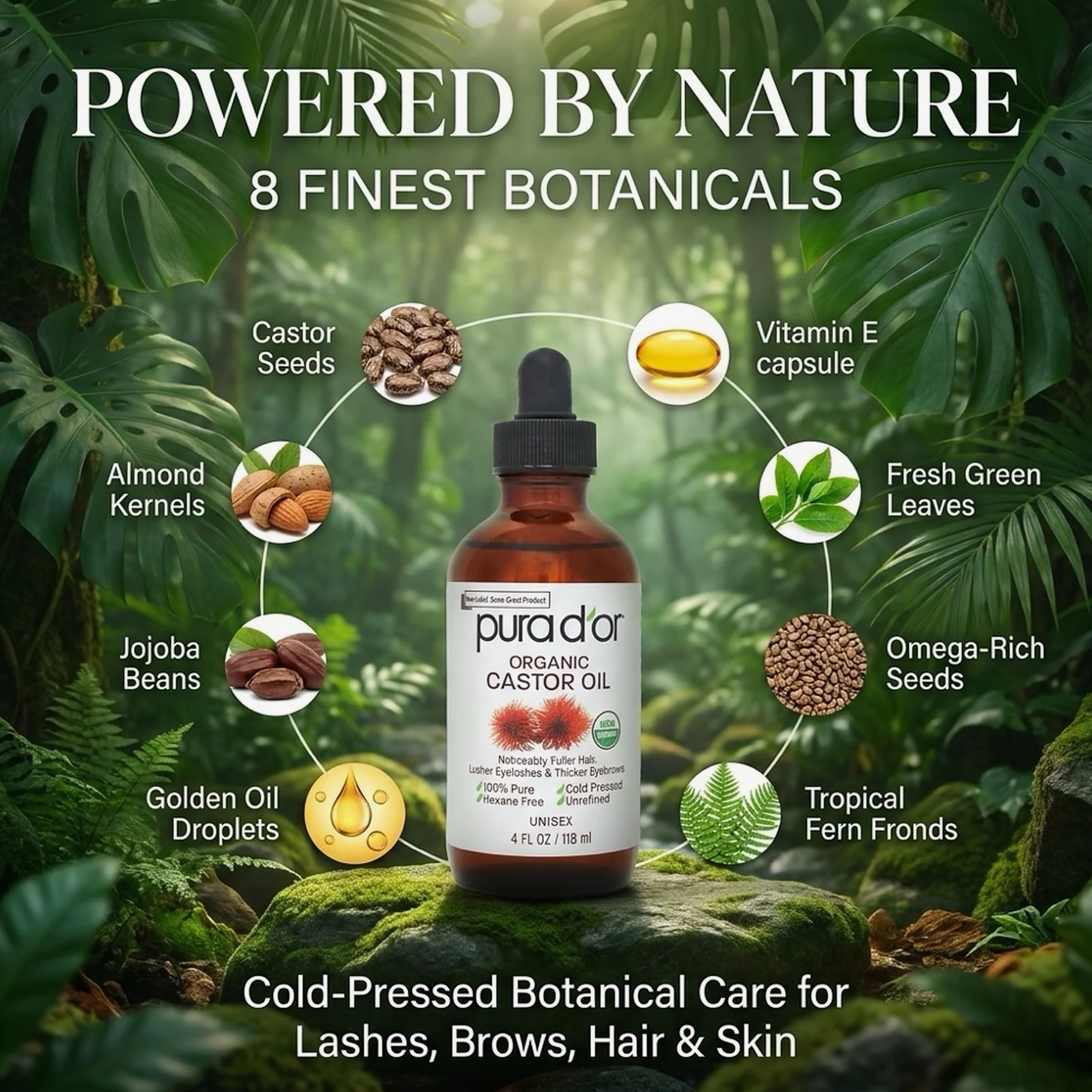 Pura D'Or Olio di ricino (118 ml) 100% puro olio naturale per crescita di peli, sopracciglia, ciglia Olio senza esano pressato a freddo per idratare e curare la pelle secca