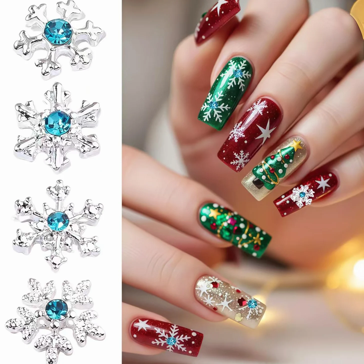 20 ciondoli per unghie a forma di fiocco di neve, argento lucido, blu, inverno, Natale, fiocco di neve, strass, design fiocchi di neve, ciondoli per unghie acriliche, unghie di Natale, gioielli per
