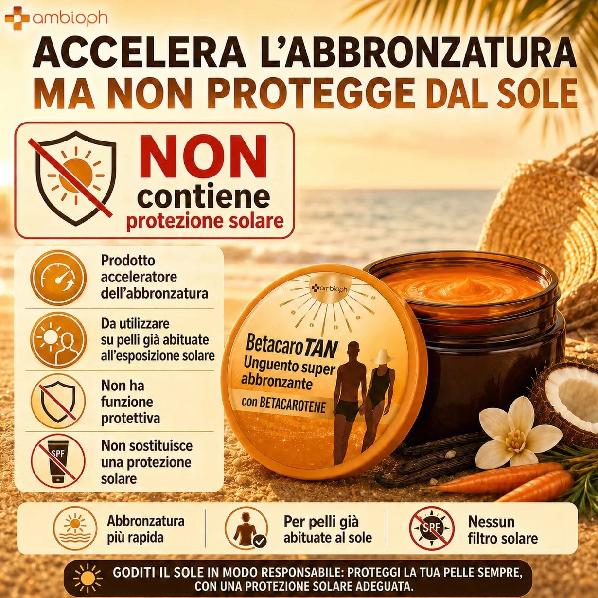 Crema Abbronzante Corpo Acceleratore con Betacarotene Vitamina E Olio di Ricino e Mandorle Dolci