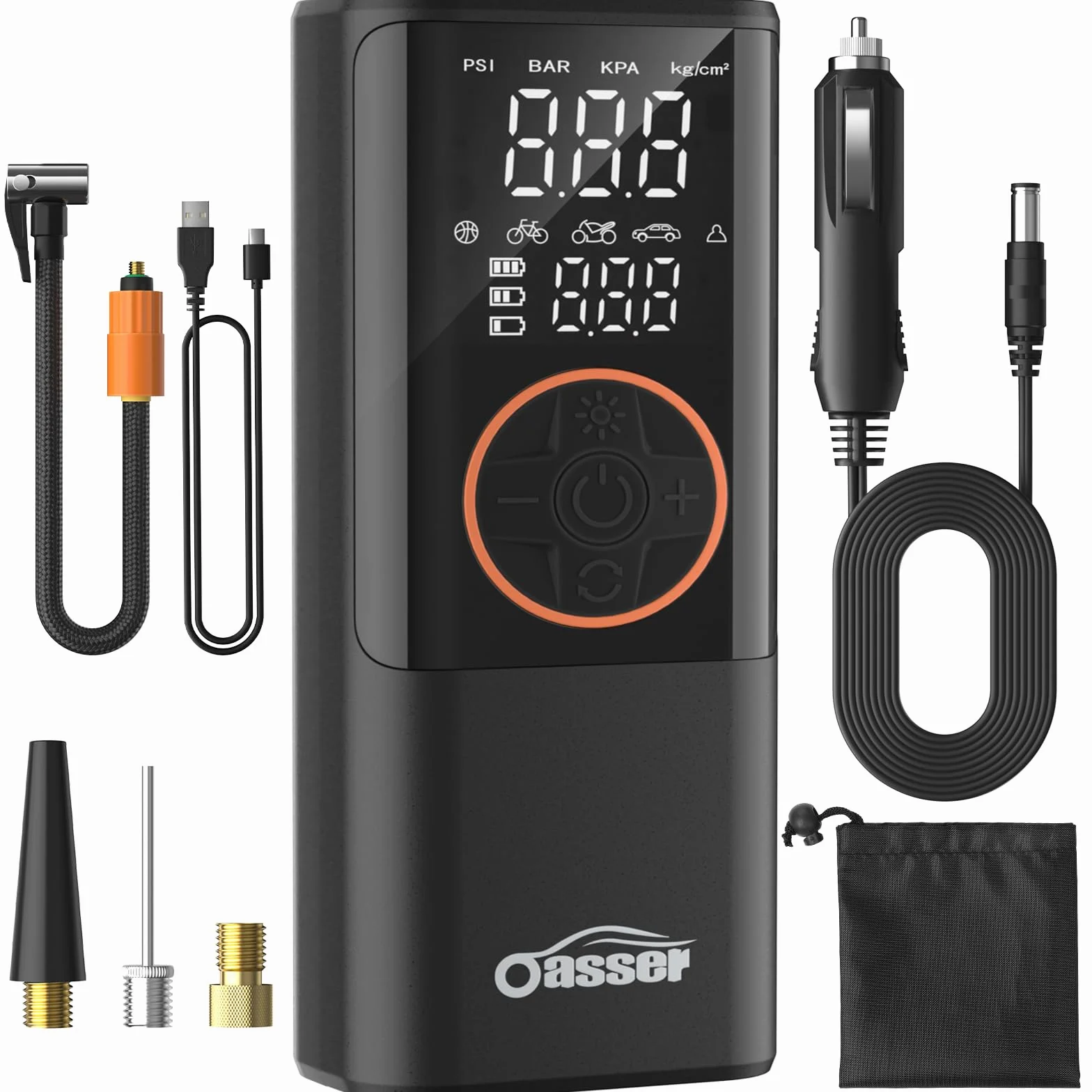 Oasser Compressore Aria Portatile 150PSI, 6000mAh, Inflazione Rapida, Doppio Schermo LCD, Spegnimento Automatico,Torcia LED, per Auto/Moto/Bici
