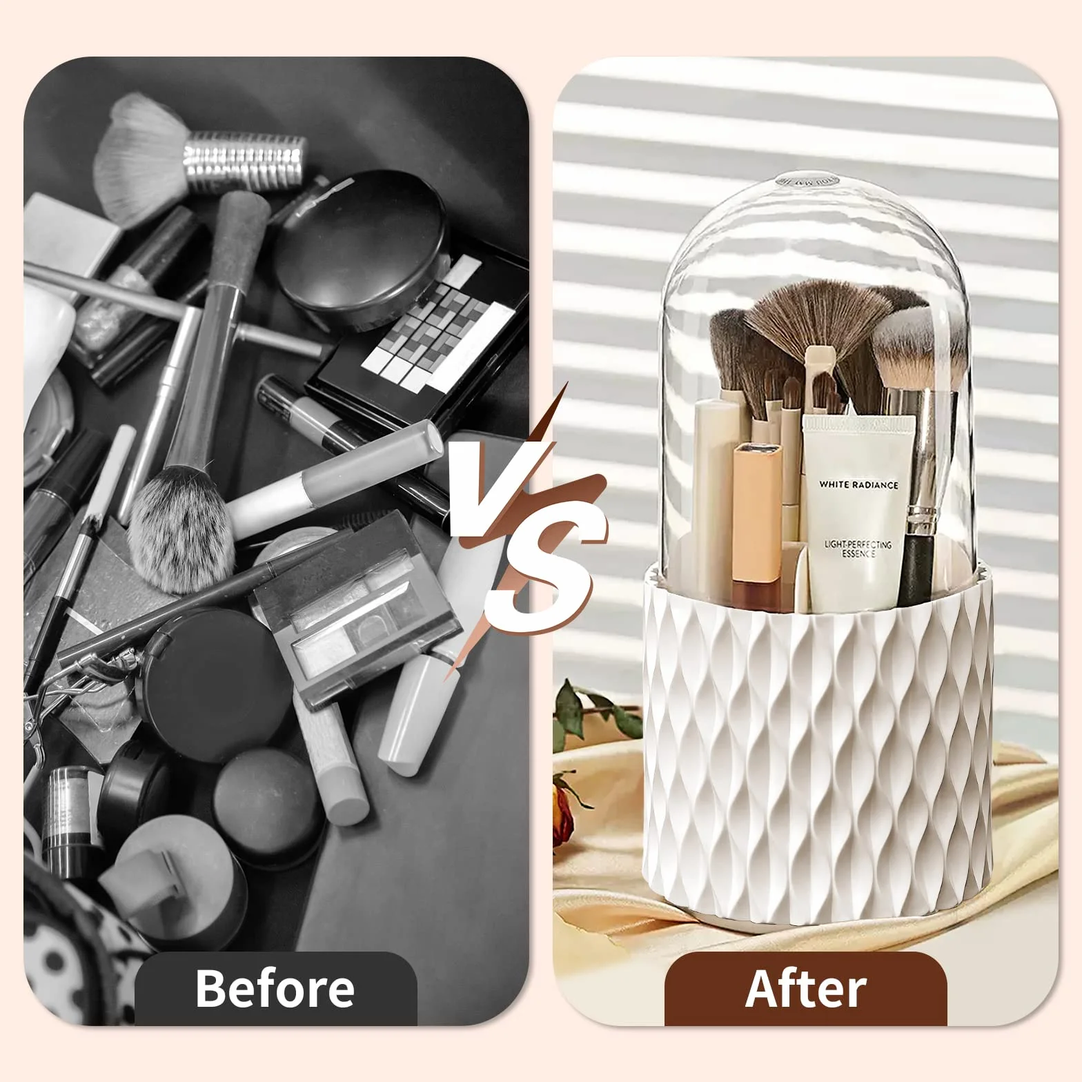 FIVAVA Porta Pennelli Make Up 360° Rotante, Organizer 5 Scomparti Coperchio Pennelli Trucco