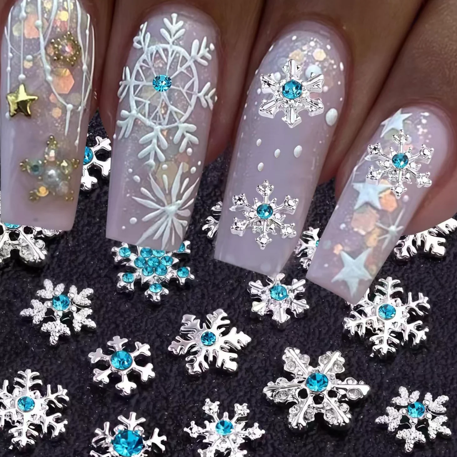 20 ciondoli per unghie a forma di fiocco di neve, argento lucido, blu, inverno, Natale, fiocco di neve, strass, design fiocchi di neve, ciondoli per unghie acriliche, unghie di Natale, gioielli per