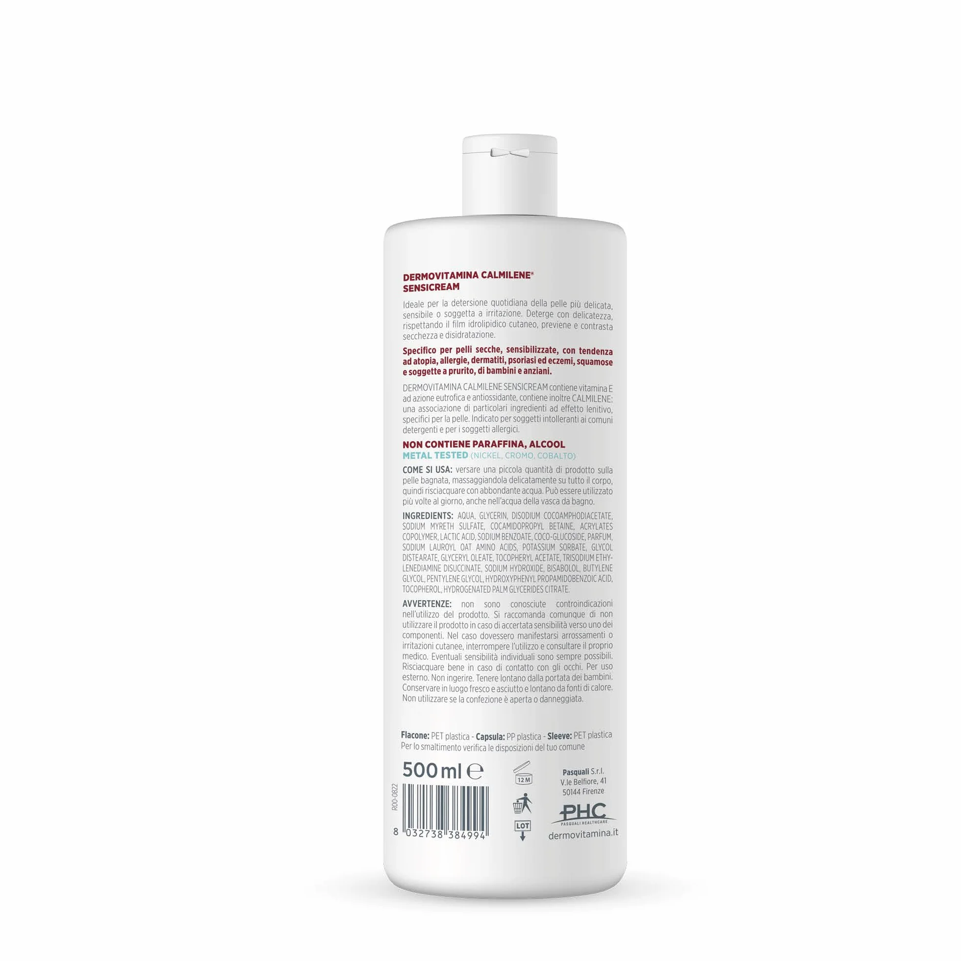 Dermovitamina Calmilene Sensicream Detergente 500 ml - Detergente Viso - Crema Idratante Viso e Corpo - Per pelle sensibili e dermatiti - Con Vitamina E e Calmilene - Senza Sapone