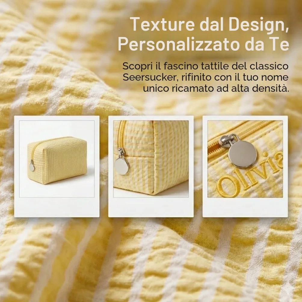 Personalizzato Ricamato Seersucker Makeup Bag, Sacchetto Cosmetico a Righe, Borsa da Toilette Leggera di Viaggio Grande Capacità