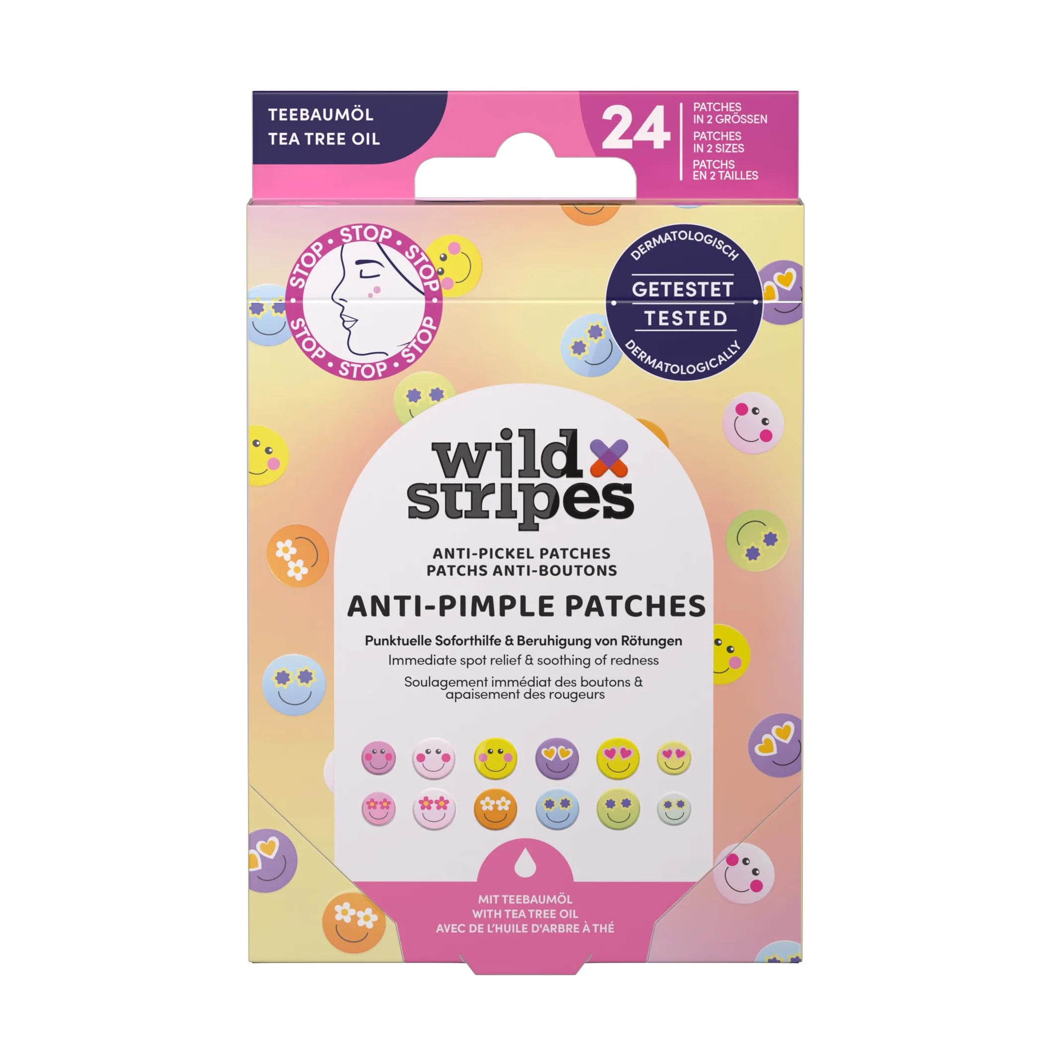 Wild Stripes - Anti-Pimple Patches Smile Stop - Cerotti brufoli colorati con olio di tea tree per cura rapida ed efficace - Anti brufoli e punti neri - Pelle impura - 24 pezzi