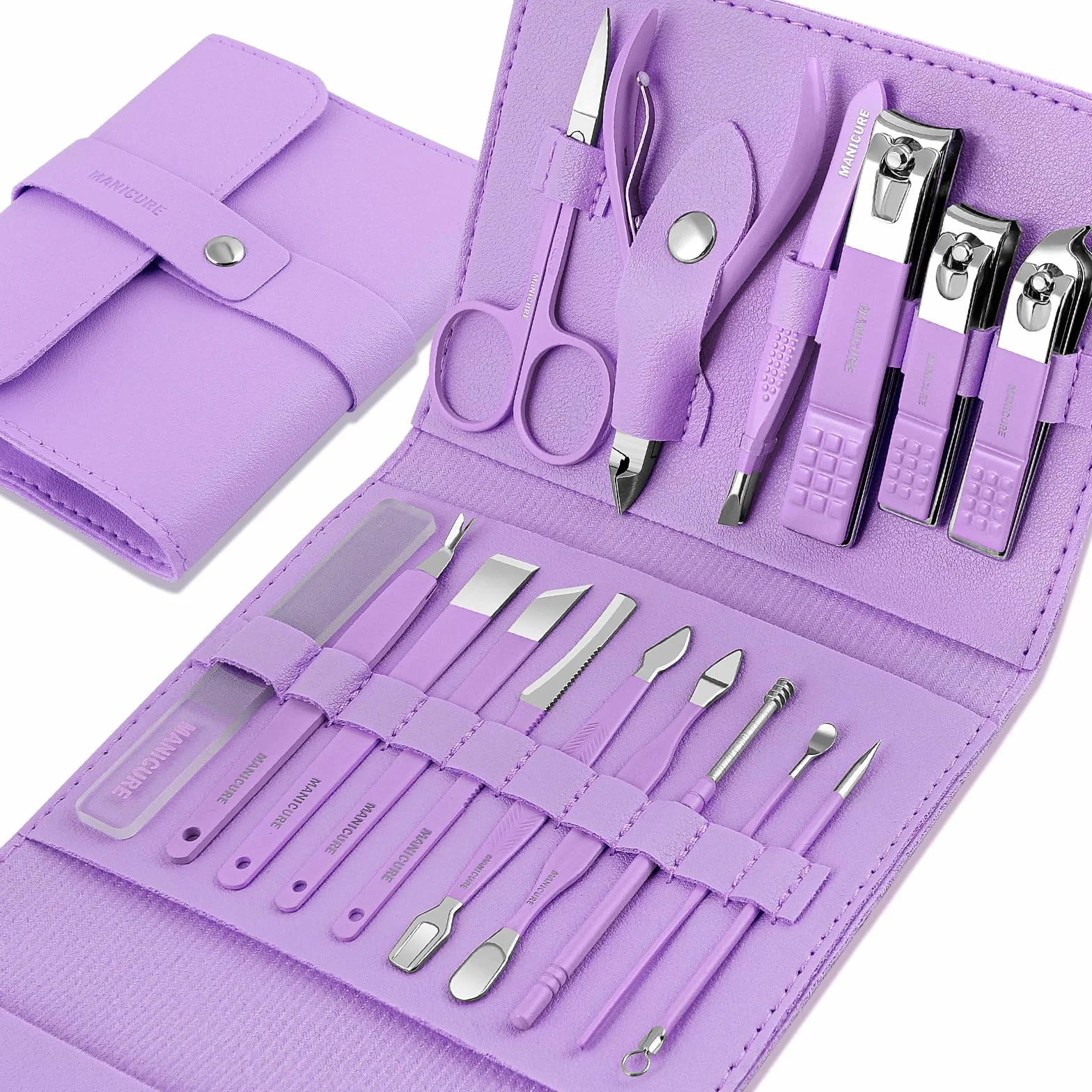 Tagliaunghie Set Professionale - Grooming Kit Strumenti per Manicure e Pedicure 16pcs con Lussuosa Custodia da Viaggio in Pelle (Viola)