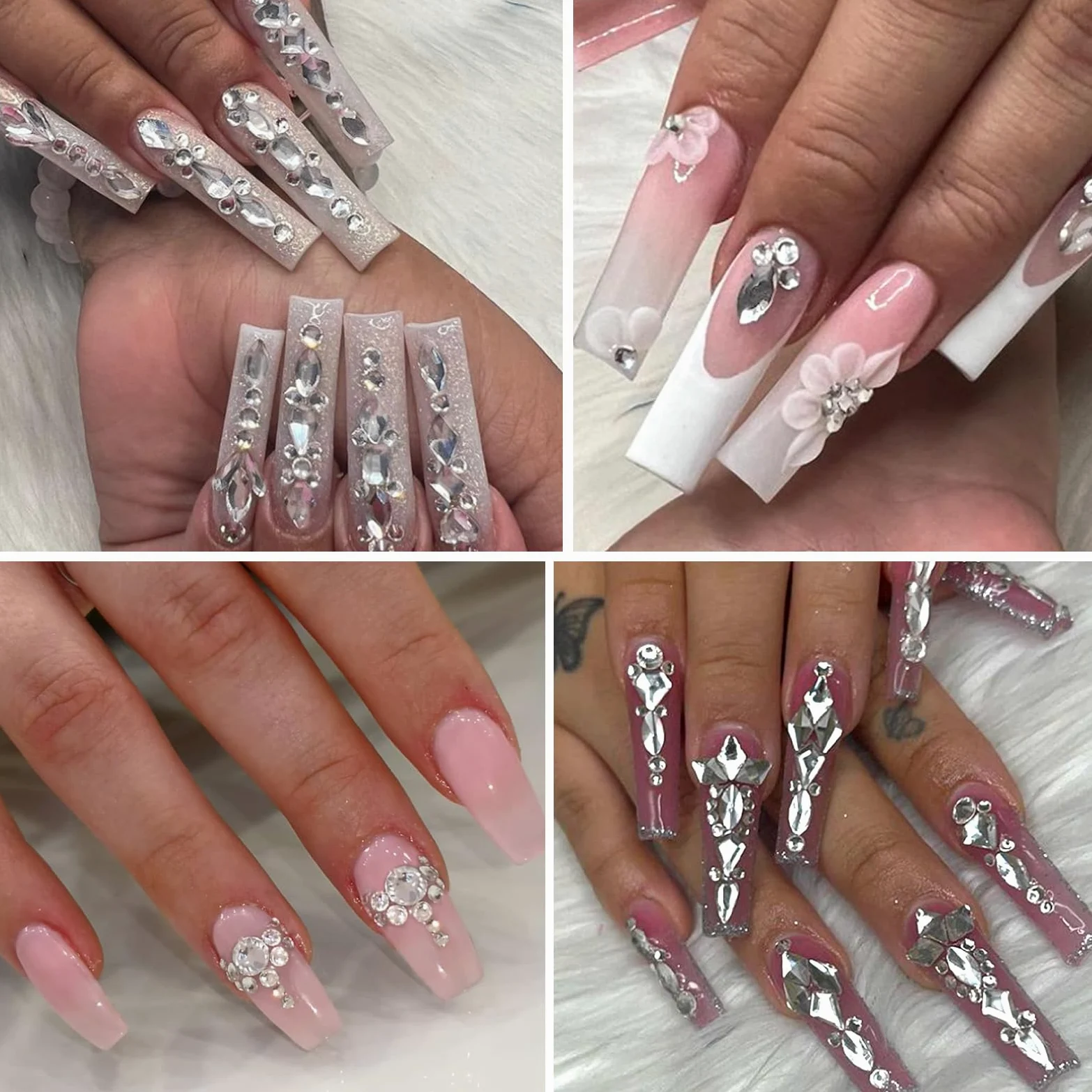 Strass bianchi per unghie, gemme 3D di varie forme, perline per manicure, perle, strass con retro piatto, con kit, per decorazione nail art