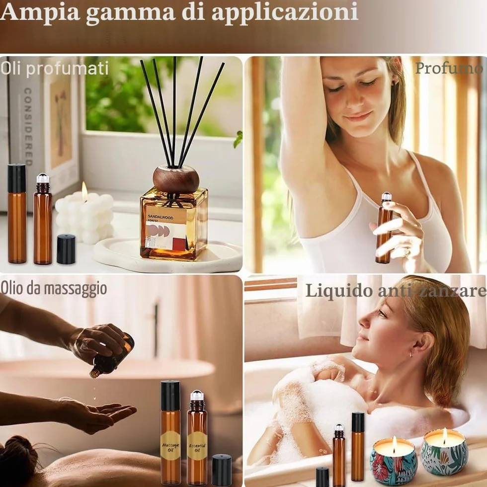 rollon oli essenziali, confezione di olio da 10 pezzi, colore marrone, bottiglia vuota da 10 ml, ricaricabili con sfera in acciaio inox, per oli, profumi, cosmetici, profumi, massaggi.