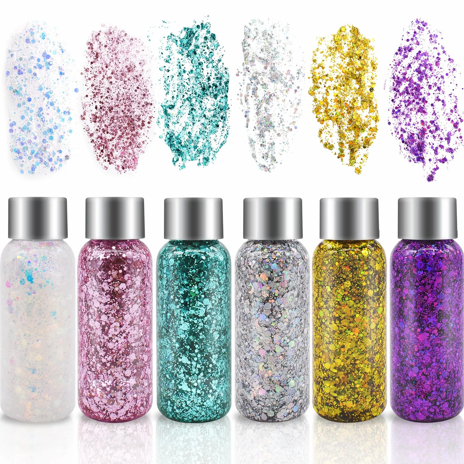 6 Bottiglia Glitter Body Gel,Brillantini Make Up,Gel Glitterato Viso con Lustrini,per Viso,Unghie,Occhi,Labbra,Capelli,Corpo,per Musica,Festival,Feste in Maschera(Bianco/Oro/Argento/Rosa/Verde/Viola)