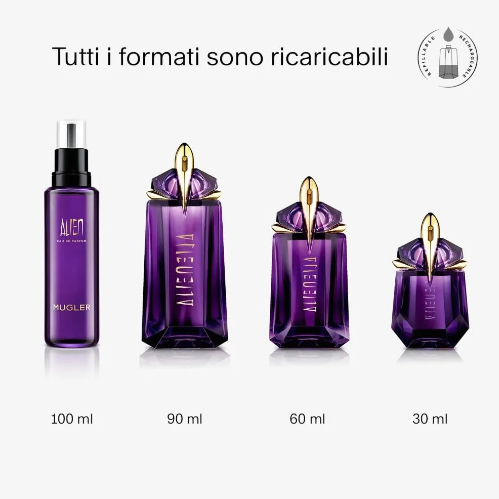 MUGLER Alien Eau de Parfum per Donna, Ambra, Gelsomino, Ricaricabile