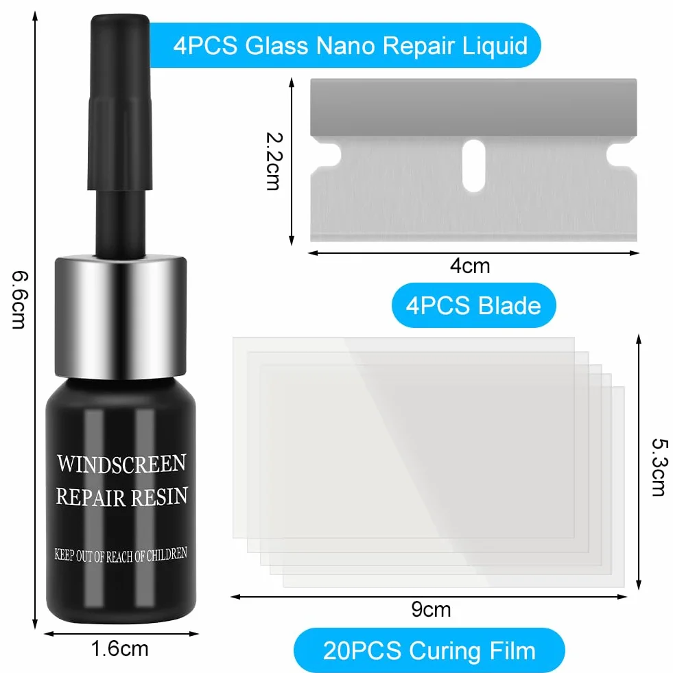 Flintronic Kit Riparazione Parabrezza Auto 4 Pezzi, Liquido Riparazione Vetri, per Incrinature Scheggiature Fessure Graffi