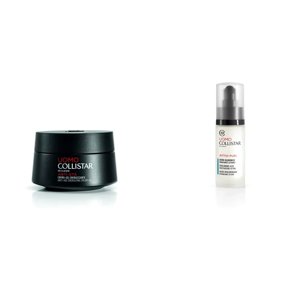 Collistar Linea Uomo Crema-Gel Energizzante, Azione antirughe e antifatica, 50 ml & Attivi Puri Uomo Siero Acido Ialuronico Idratante Liftante, Siero ricompattante anti-rughe ad azione levigante 30 ml