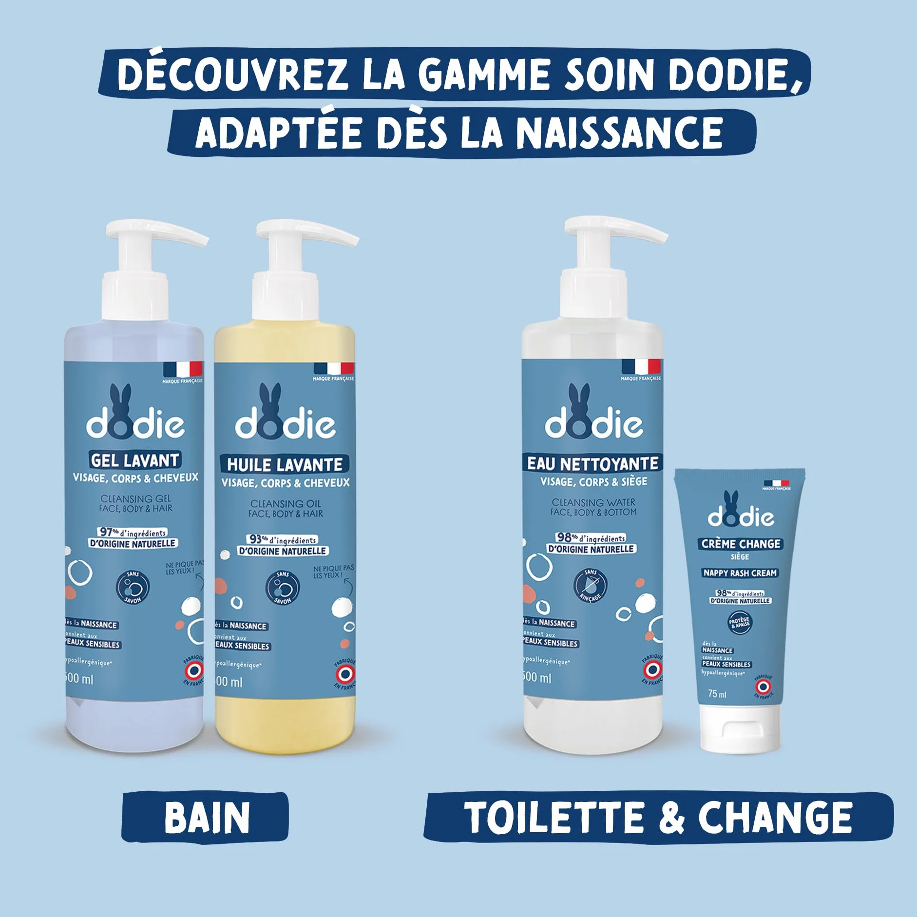 Dodie, Acqua Detergente 3 in 1 (500 Ml), Detergente Viso, Corpo e Zona Pannolino, 98% di Ingredienti di Origine Naturale, Ipoallergenico, dalla Nascita