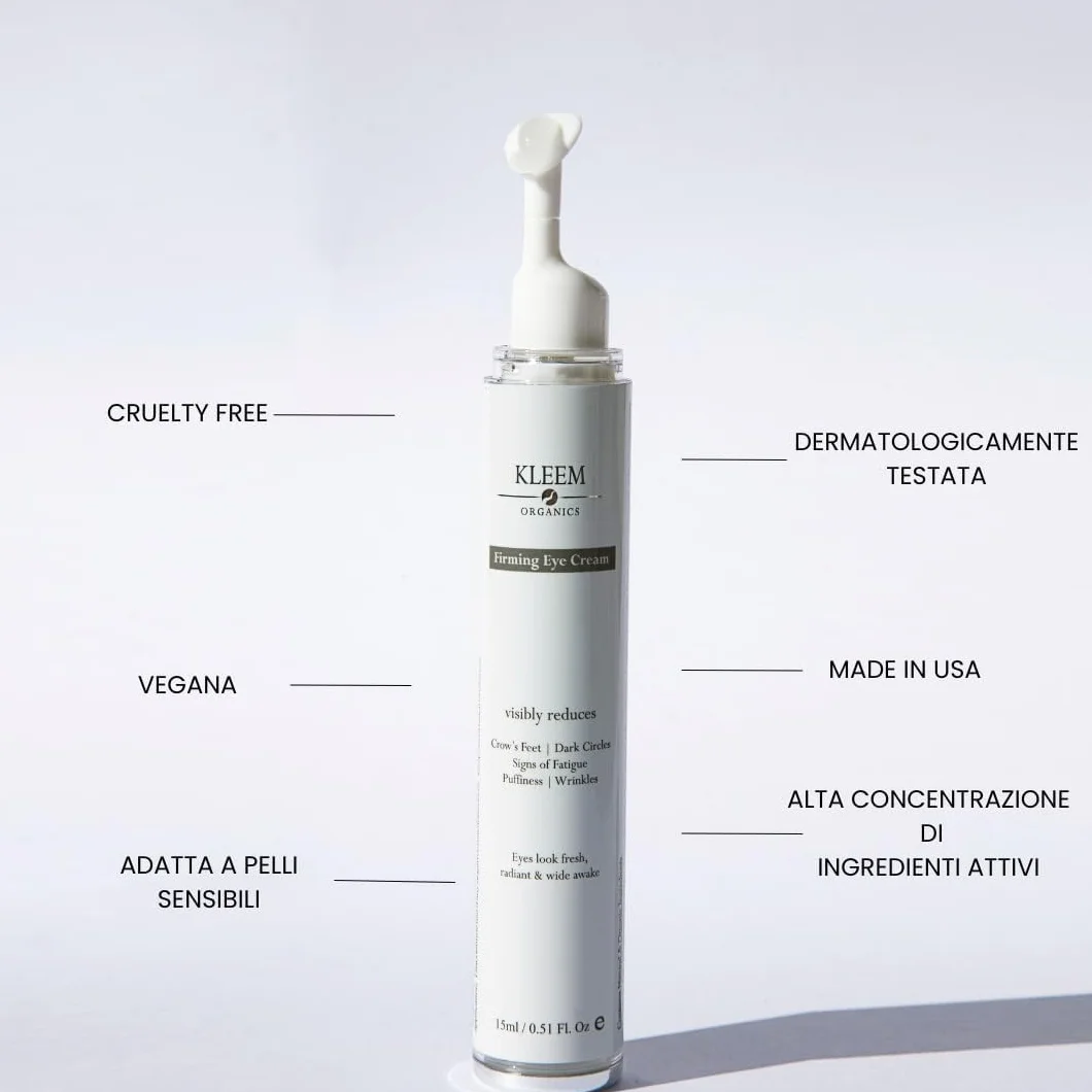 Kleem Crema Contorno Occhi Antirughe Dermatologicamente Testata - Formula Vegana a Tripla Azione Anti Age, Anti Borse, Anti Occhiaie con Peptidi e Caffeina – Donna e Uomo - 15ml