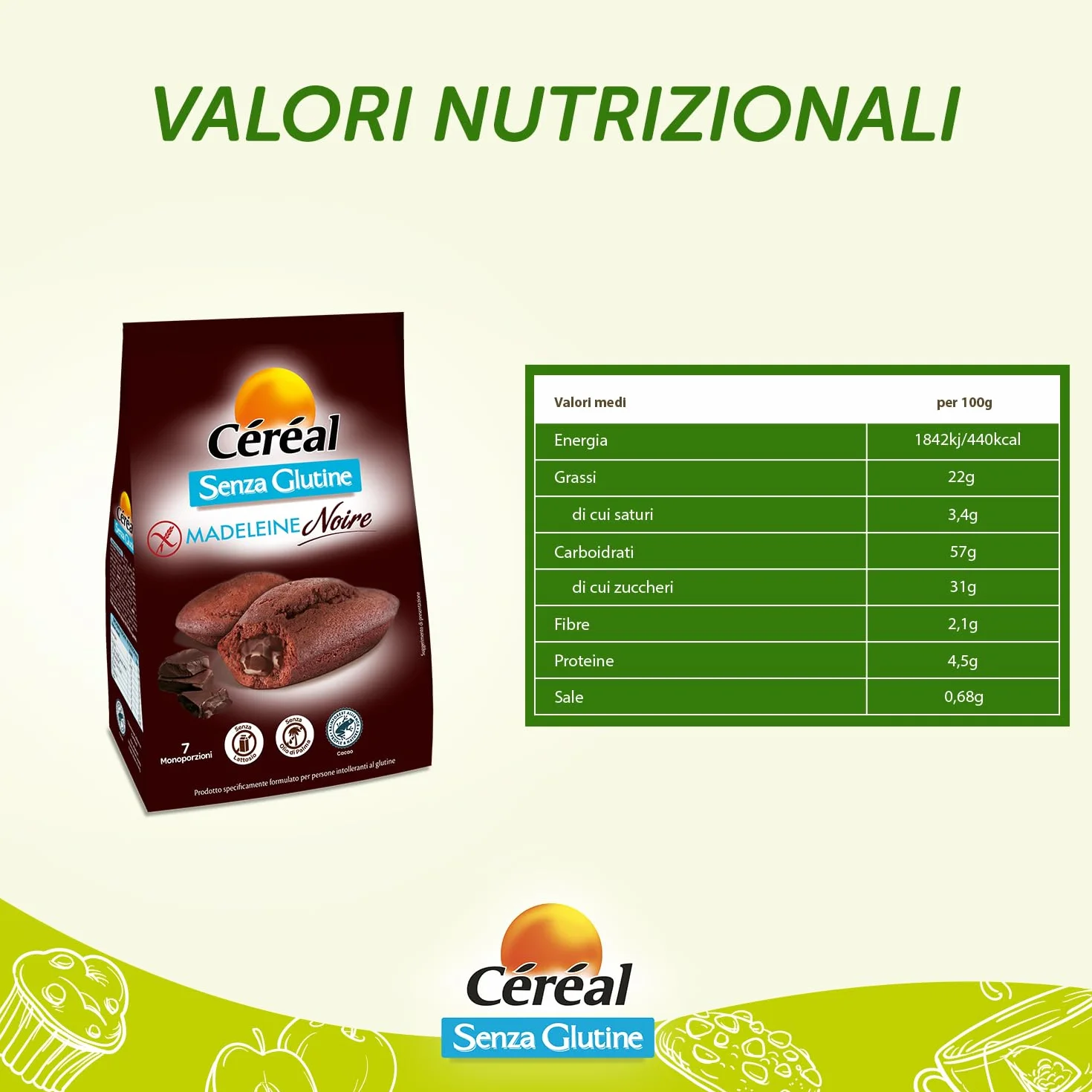 Céréal Madeleine Noire, Merendine Senza Glutine e Lattosio, Dolci Senza latte, Dolci con cioccolato fondente certificato RFA, 200 g