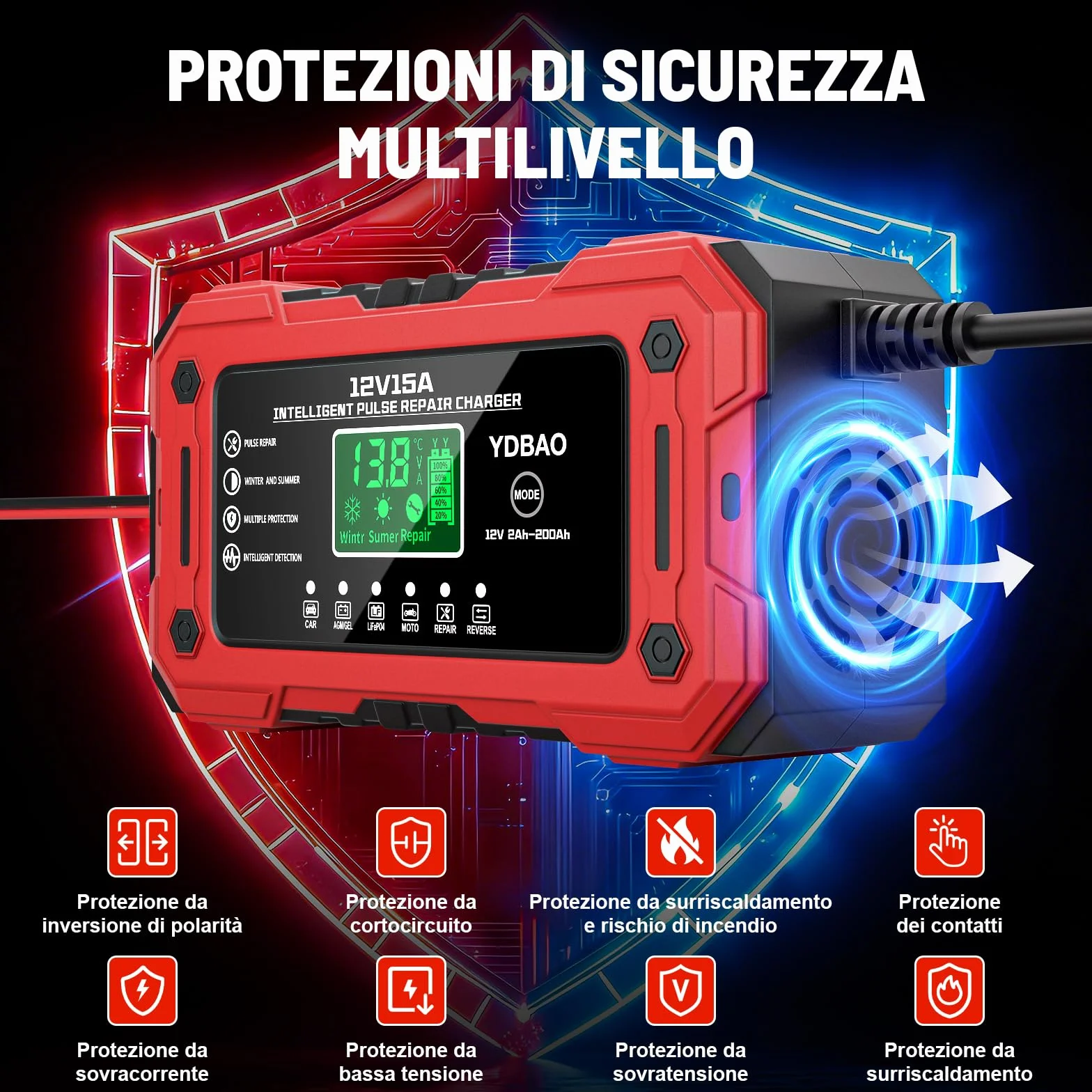 Caricabatteria per Auto 12V 15A Intelligente Automatico con Display LCD Compensazione Temperatura per Moto Auto Batteria AGM Barche