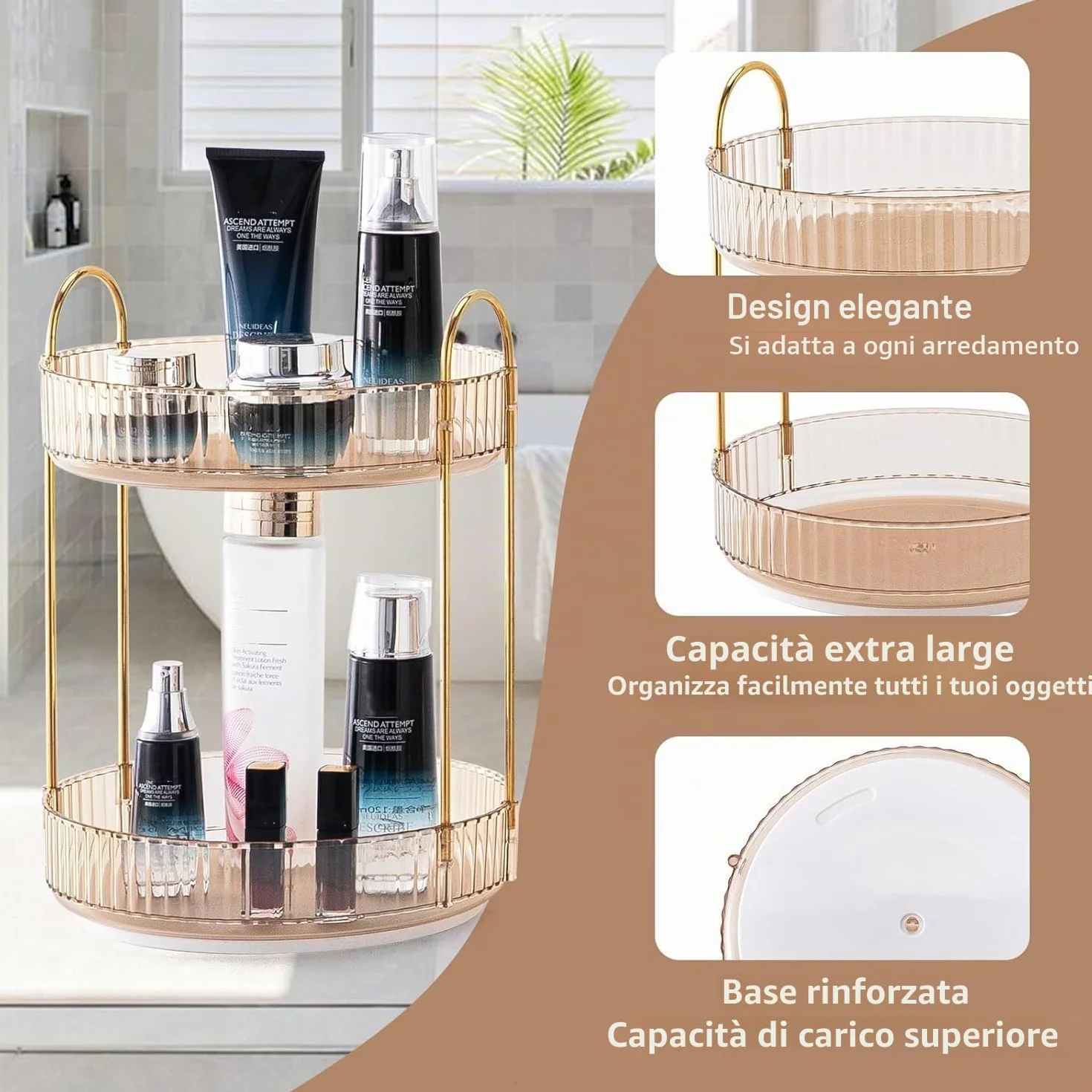 Organizzatore di Trucco Rotante a 360° Grande Capacità per Cosmetici Profumi Cura della Pelle Bagno 2 Strati Ambra