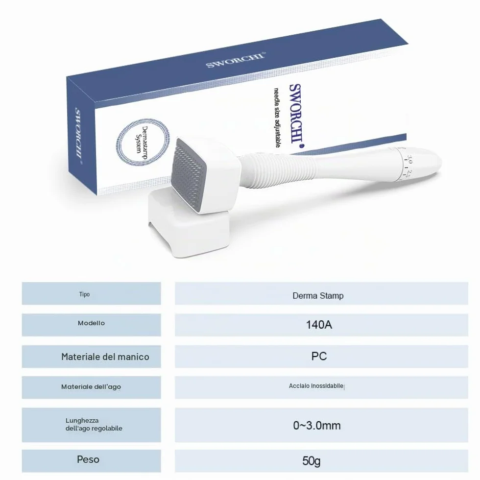 Timbro Dermastamp Derma Stamp Regolabile 0-3 mm Professionale 140 perni Titanio Microneedling per capelli barba viso corpo