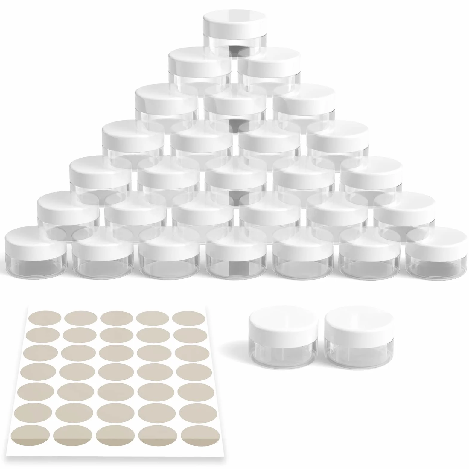 Newaner 30 Pezzi Barattolo Cosmetici, 10g10ml Mini Vasetto Trasparente con Tappo a vite Vasetti Plastica, lattina vuota con adesivi, Ideale per trasportare trucco, creme, mini candele(Bianco)