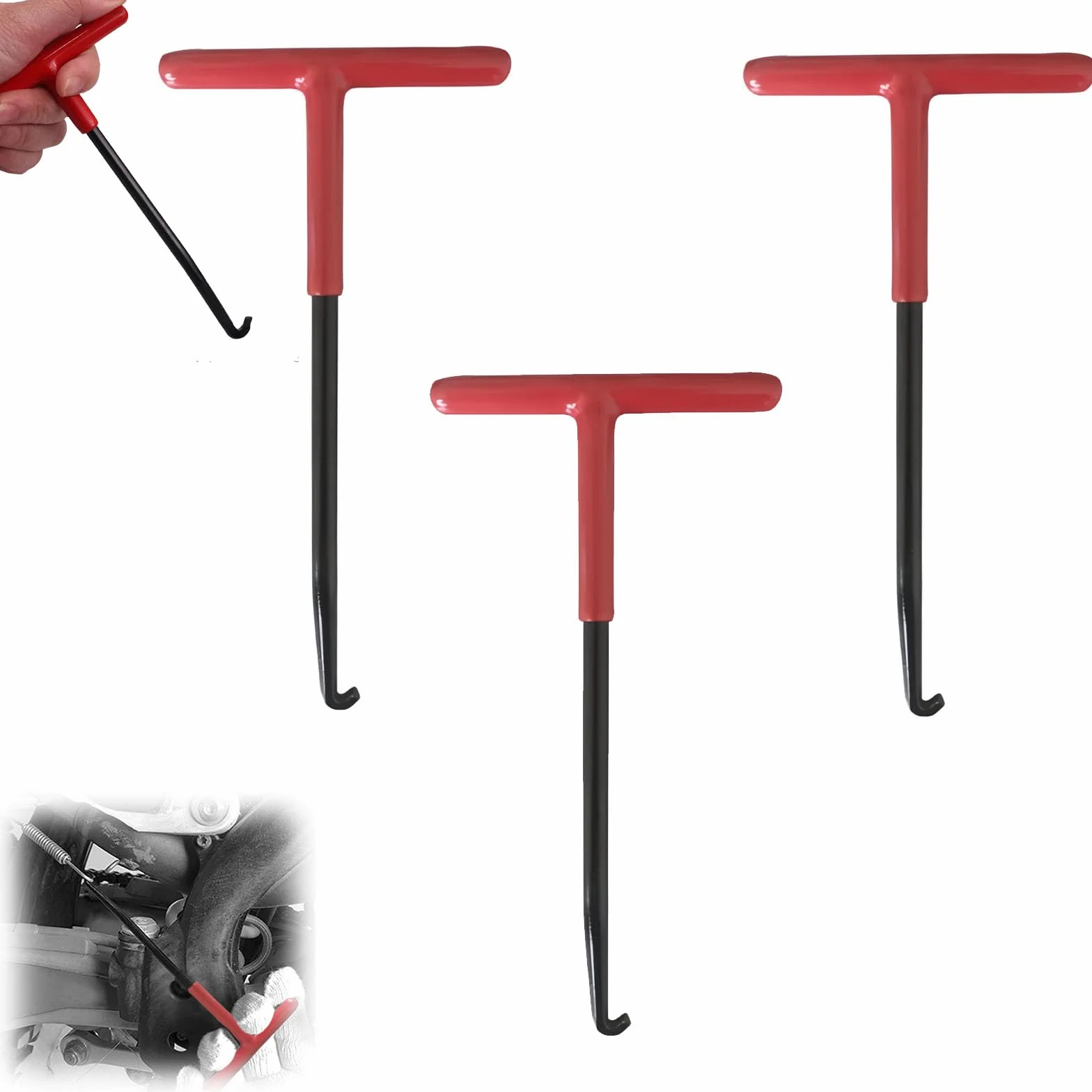 3 Pezzi Tira Molle Gancio a T per Trampolino Moto Scooter Decespugliatore, Strumento per Smontaggio Molle in Acciaio Alta Resistenza, Manico Antiscivolo Ergonomico Portatile