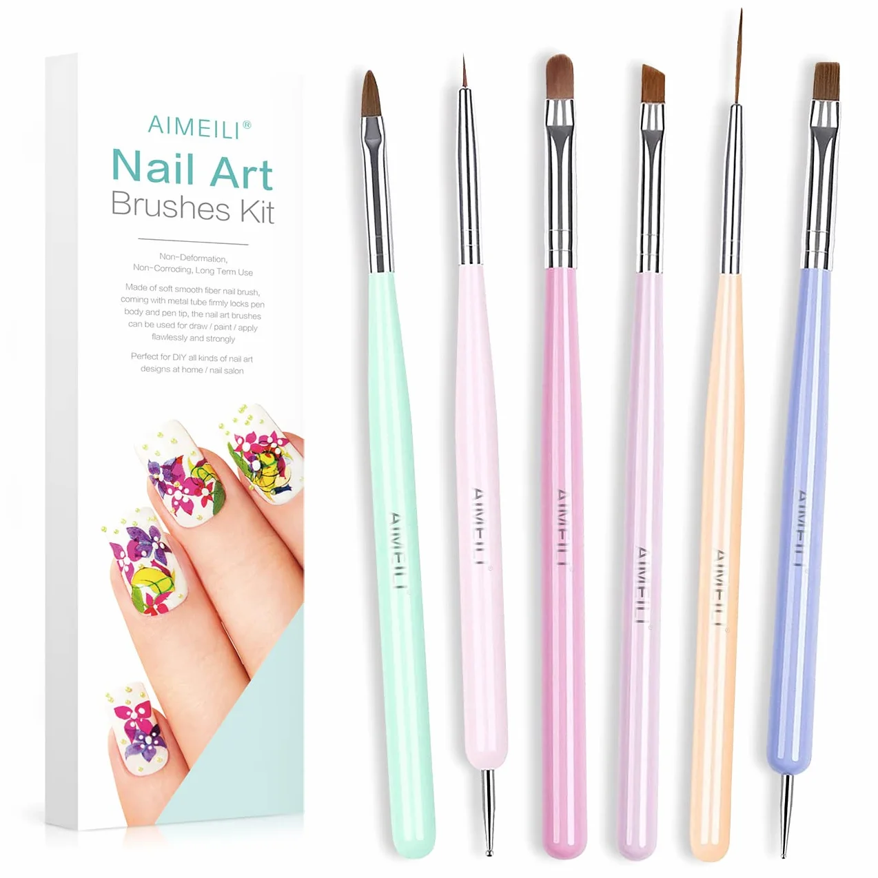 AIMEILI 6 Pezzi Pennelli per Unghie Set Per UV Gel Liner Pittura Pennello Acrigel Pennello Decorazioni Unghie Penne Dotter per Nail Art DIY Attrezzi