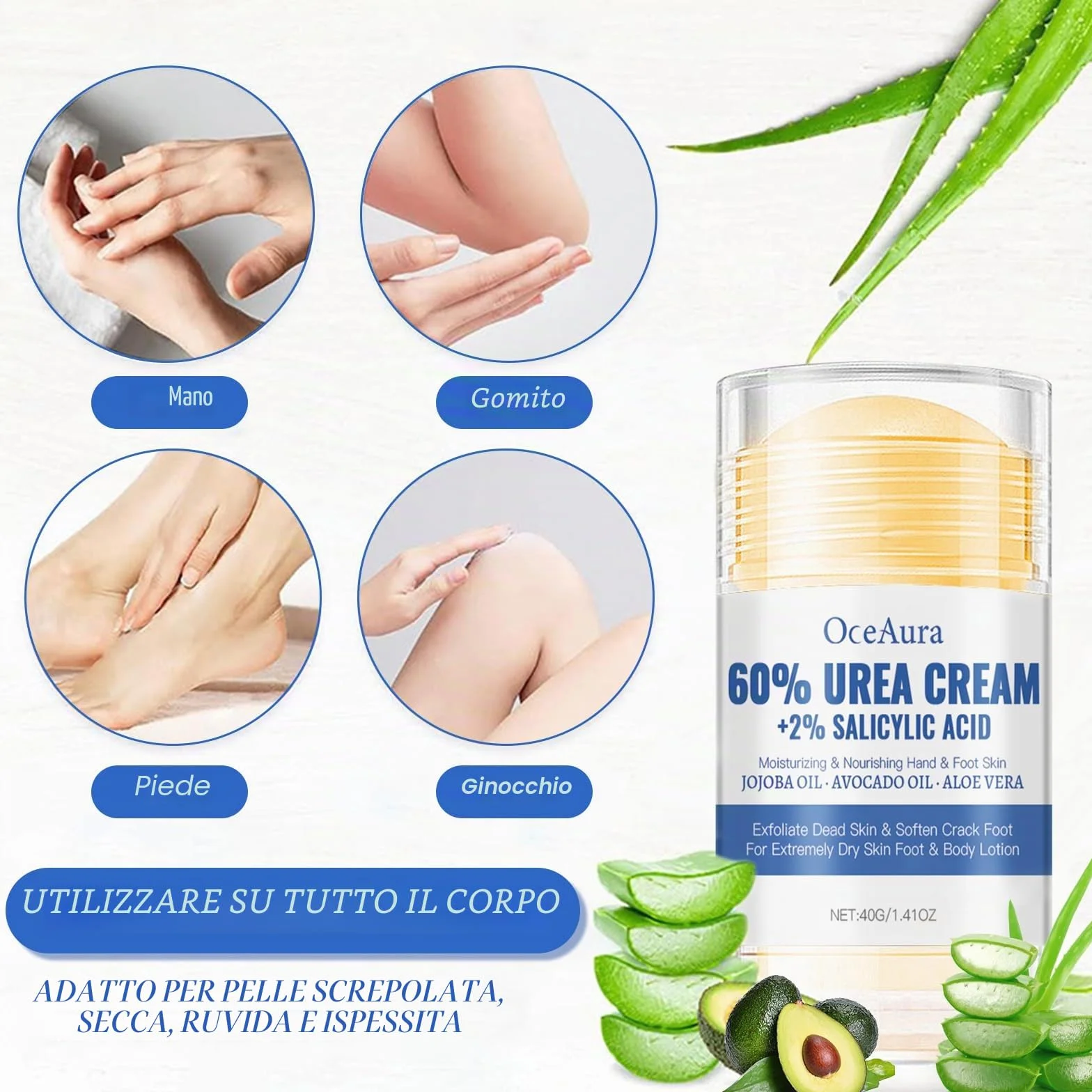Crema Piedi Urea 60%,Crema Urea,100g panna Idratante +40g Foot panna Stick,Un'idratazione Profonda,per la Riparazione di e Mani,lozione per Piedi per Pelle Secca,Screpolata