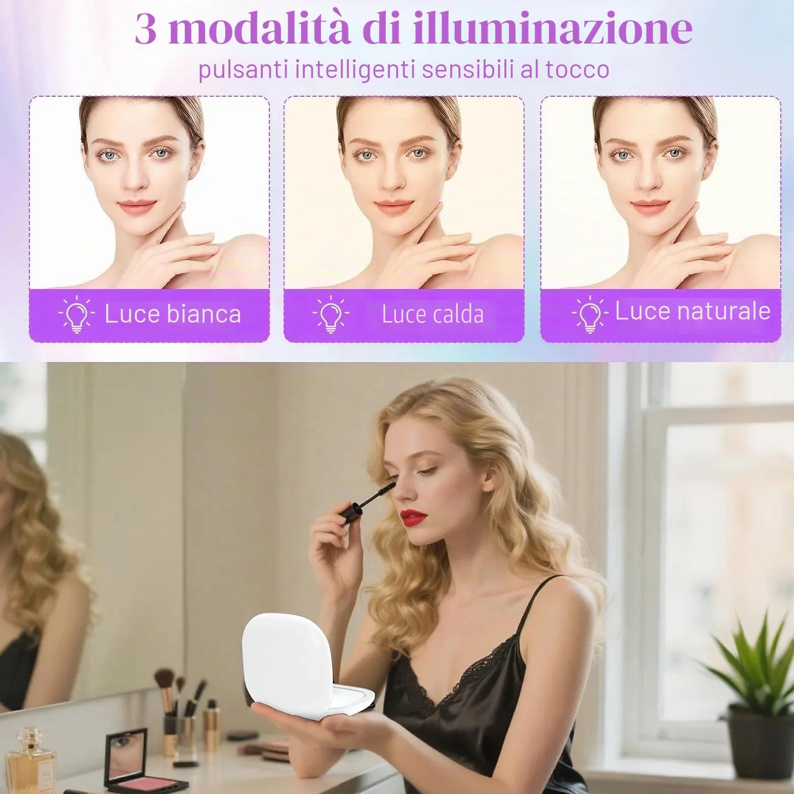 Collazoey LED Specchio Ingranditore, 1X/10X Specchietto da Borsetta, Chargement par USB, 3 Luci Regolabile Portatile Specchio da Viaggio, Interruttore Magnetico Pieghevole Piccolo Mirror (Bianco)